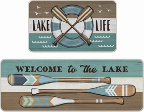 Lake Life Spring Summer Boat Paddle Kitchen Rugs Set of 2, Welcome to The Lake Lakehouse Stripes Kitchen Mats Decor, Farmhouse Rustic Floor Door Mat Home Decorations -17x29 and 17x47 Inch