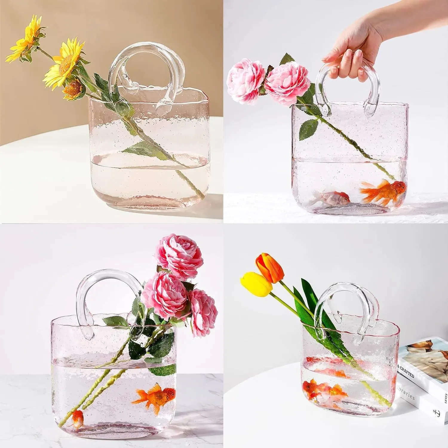 LAMPPE Bag Flower Vase, Glass Purse Vases with Handle Design Handbag Vases for Flowers Handbag Glass Vase, Unique for Centerpieces,Table Decorations,Wedding Decor,Home,Style2-Blue