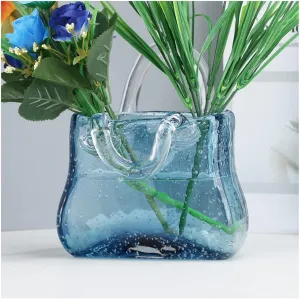 LAMPPE Bag Flower Vase, Glass Purse Vases with Handle Design Handbag Vases for Flowers Handbag Glass Vase, Unique for Centerpieces,Table Decorations,Wedding Decor,Home,Style2-Blue