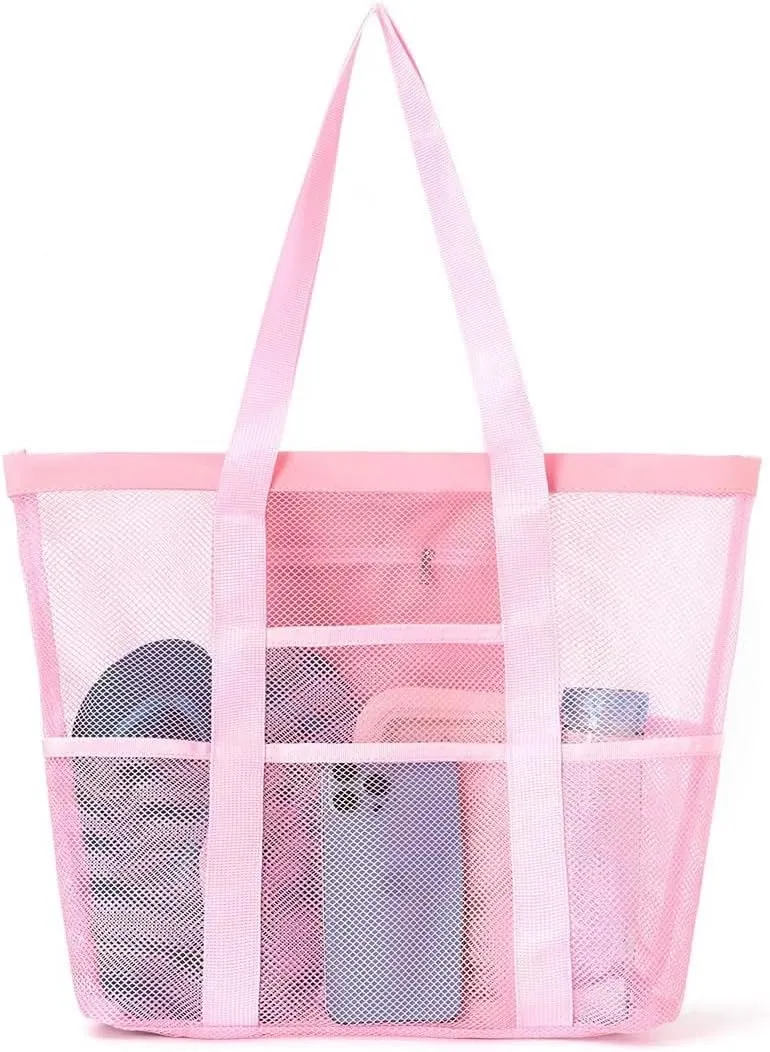 Large Capacity Toy Storage Bag - 8 Pockets Handheld Shoulder Beach Bag for Bathroom and Bath Toys(Pink)