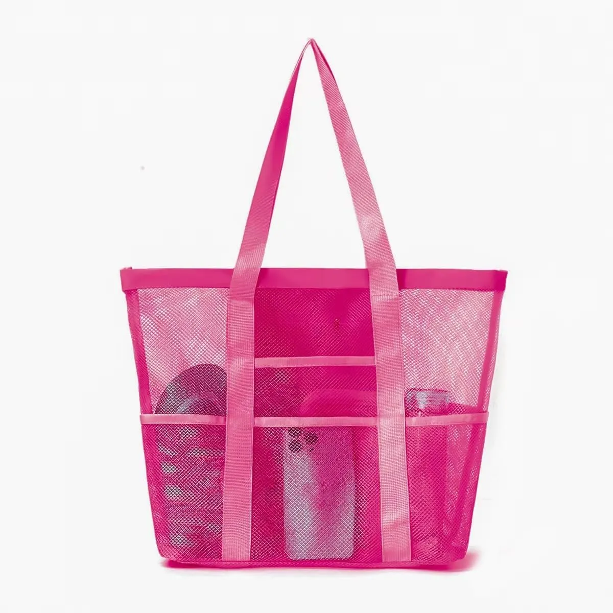 Large Capacity Toy Storage Bag - 8 Pockets Handheld Shoulder Beach Bag for Bathroom and Bath Toys(Pink)