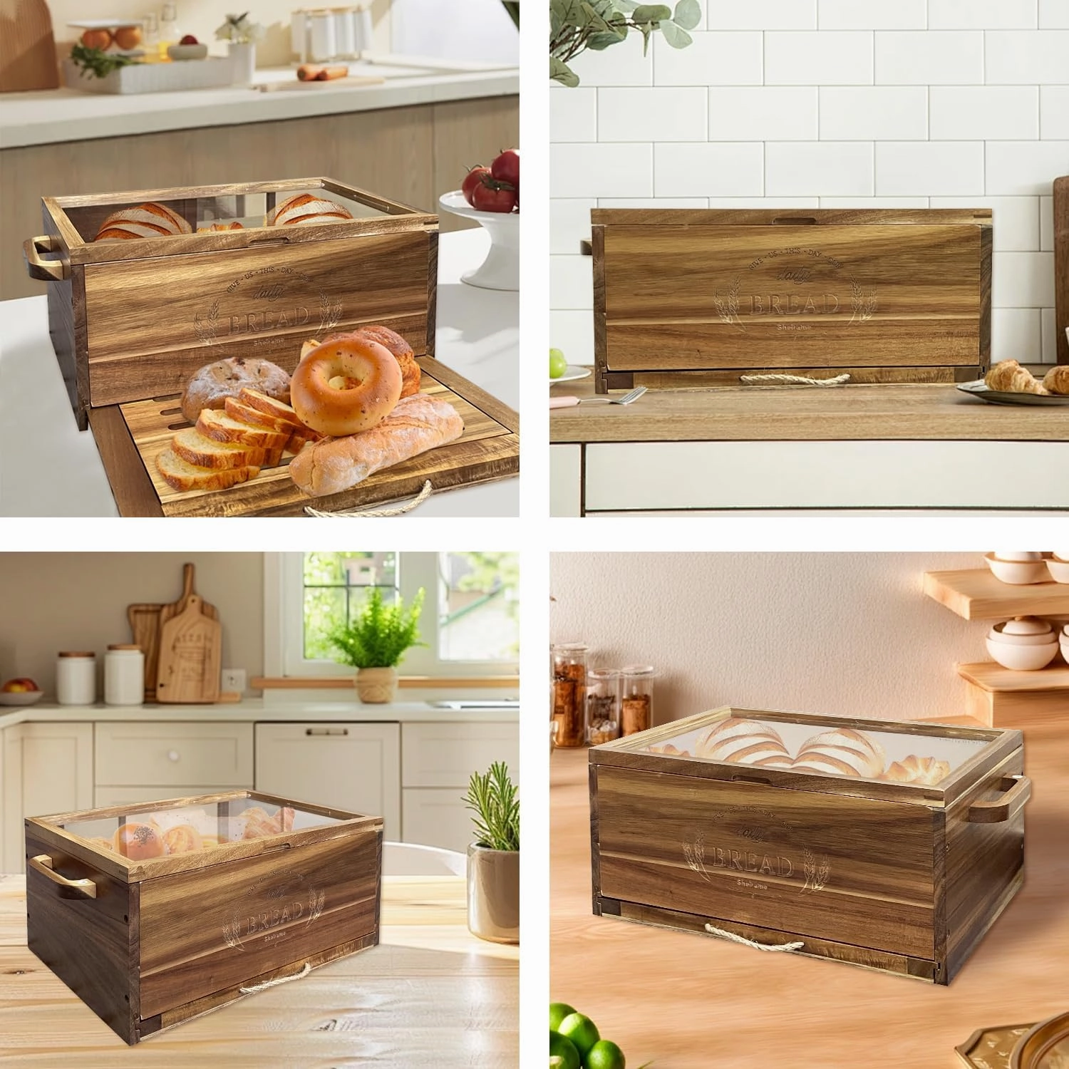 Large Acacia Wooden Bread Box for Kitchen Counter Bread Cutting Board with Crumb Tray Bread Storage Container Farmhouse Bread Box for Your House (Acacia Wooden, Long 14.5 Inch)