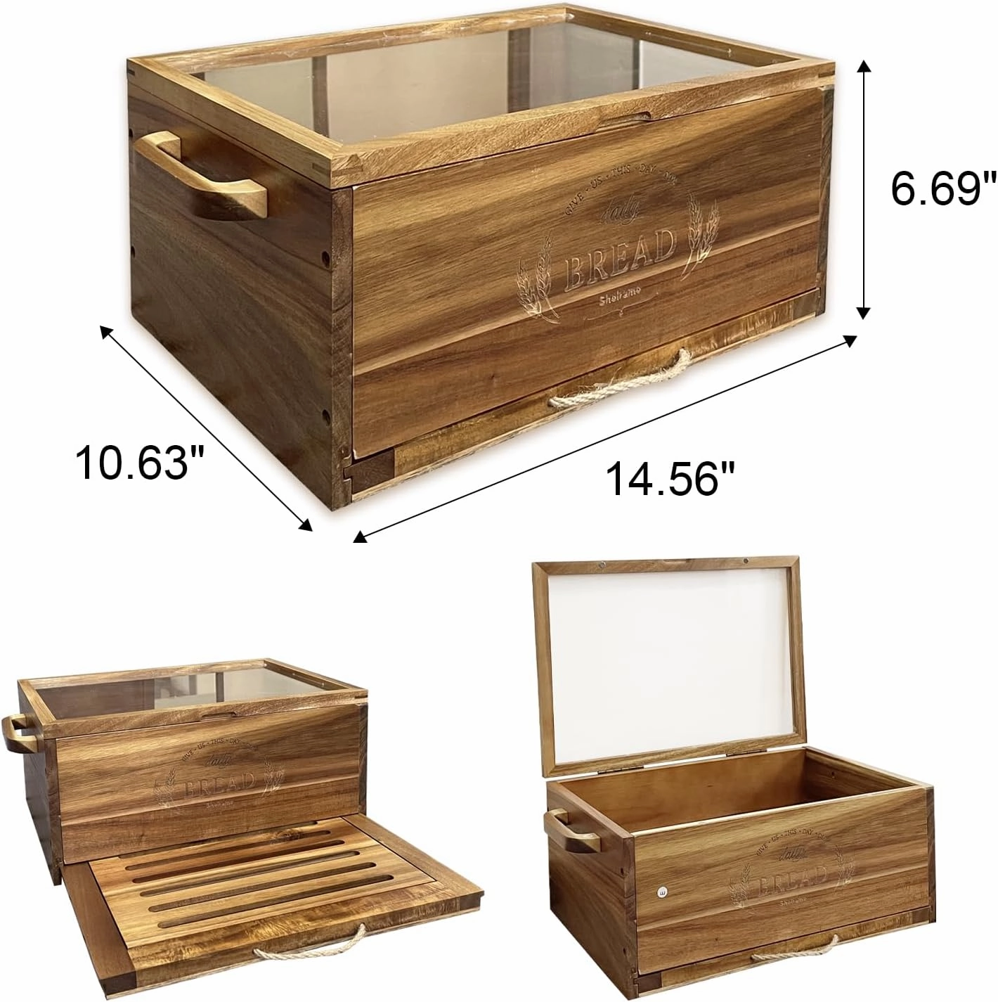 Large Acacia Wooden Bread Box for Kitchen Counter Bread Cutting Board with Crumb Tray Bread Storage Container Farmhouse Bread Box for Your House (Acacia Wooden, Long 14.5 Inch)