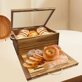 Large Acacia Wooden Bread Box for Kitchen Counter Bread Cutting Board with Crumb Tray Bread Storage Container Farmhouse Bread Box for Your House (Acacia Wooden, Long 14.5 Inch)