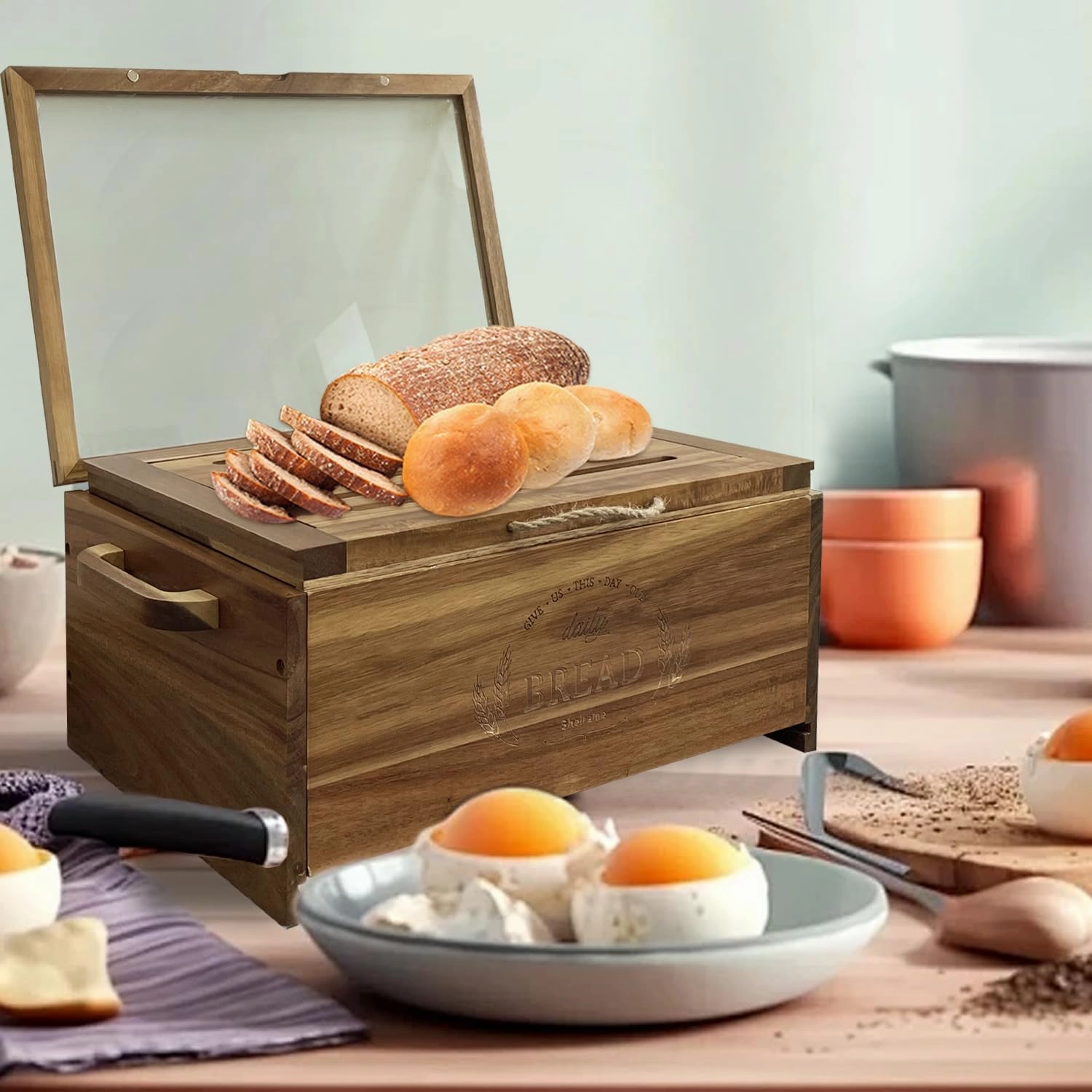 Large Acacia Wooden Bread Box for Kitchen Counter Bread Cutting Board with Crumb Tray Bread Storage Container Farmhouse Bread Box for Your House (Acacia Wooden, Long 14.5 Inch)
