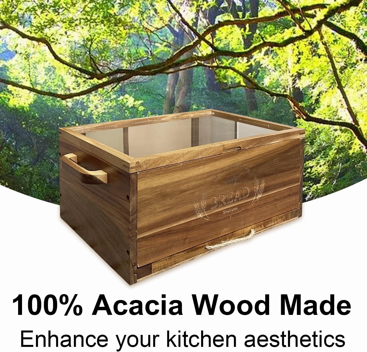 Large Acacia Wooden Bread Box for Kitchen Counter Bread Cutting Board with Crumb Tray Bread Storage Container Farmhouse Bread Box for Your House (Acacia Wooden, Long 14.5 Inch)