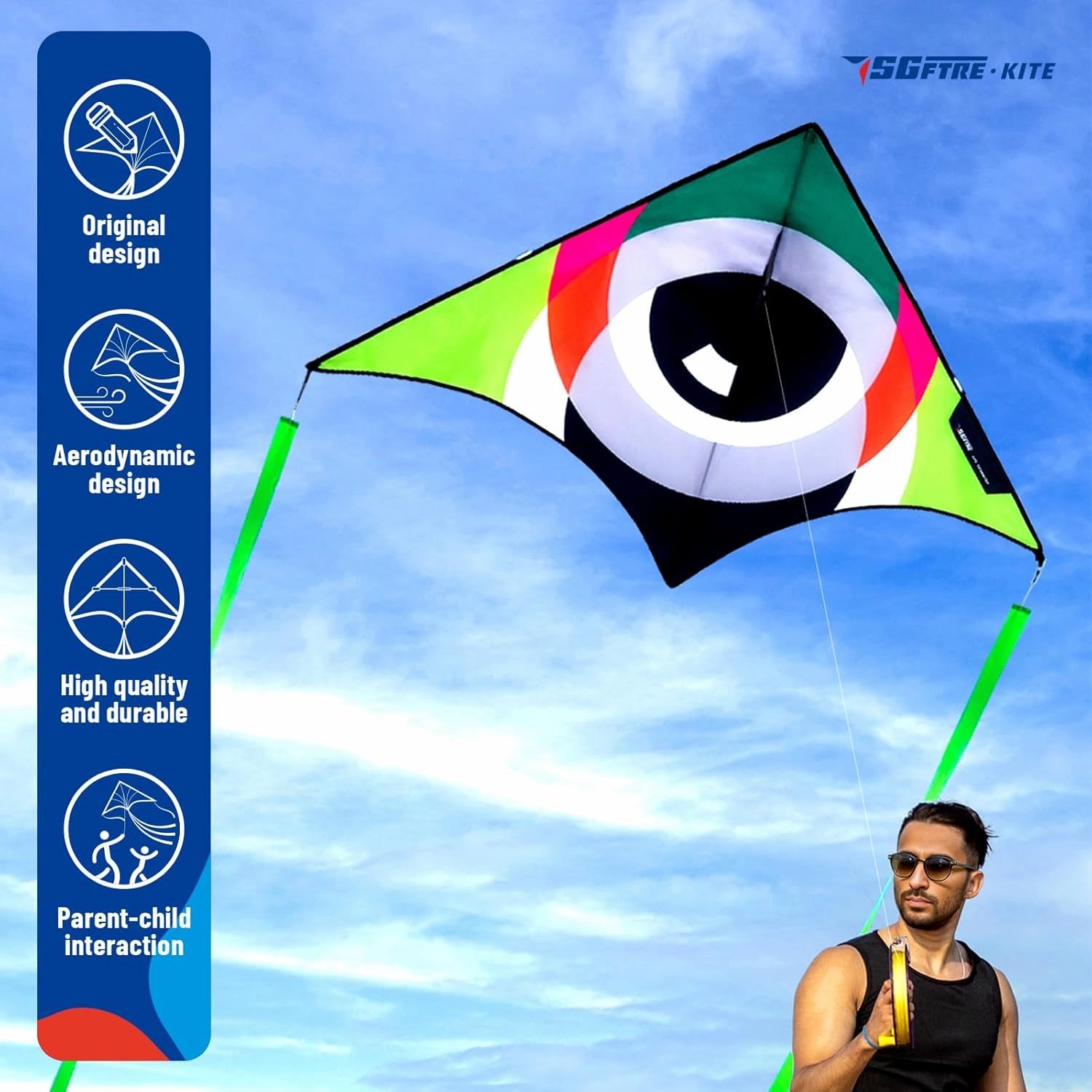 Large Green Delta Kites Flying Toys for Kids & Adults Easy to Fly，Single Line Beach and Park Kite for Family Outdoor Games & Activities (Eye of The Sky Green, 1)