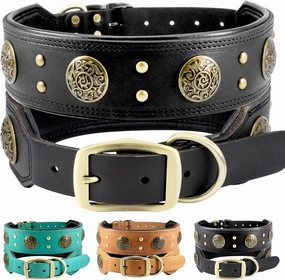 Leather Dog Collar for Medium Dogs, 2" Wide Durable Thick Strong Genuine Leather Spike Dog Collar with Metal Buckle, Padded Collar with Studded Design for Girl Boy Dogs (Black,M)
