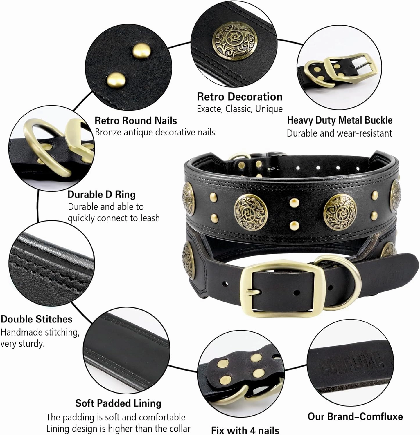 Leather Dog Collar for Medium Dogs, 2" Wide Durable Thick Strong Genuine Leather Spike Dog Collar with Metal Buckle, Padded Collar with Studded Design for Girl Boy Dogs (Black,M)