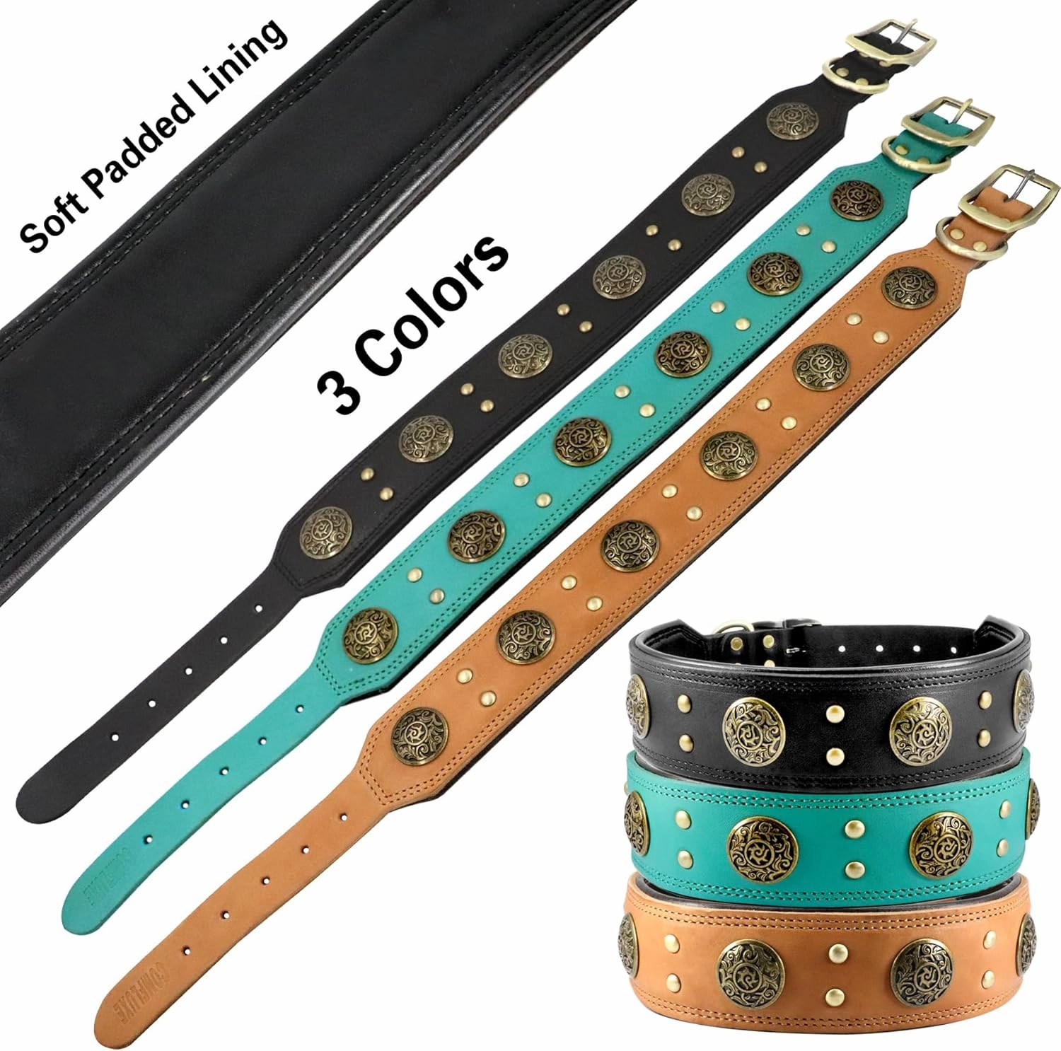 Leather Dog Collar for Medium Dogs, 2" Wide Durable Thick Strong Genuine Leather Spike Dog Collar with Metal Buckle, Padded Collar with Studded Design for Girl Boy Dogs (Black,M)