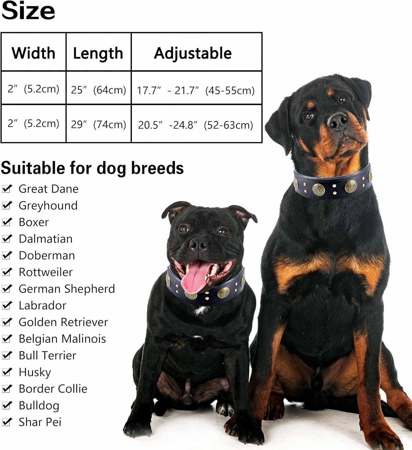 Leather Dog Collar for Medium Dogs, 2" Wide Durable Thick Strong Genuine Leather Spike Dog Collar with Metal Buckle, Padded Collar with Studded Design for Girl Boy Dogs (Black,M)