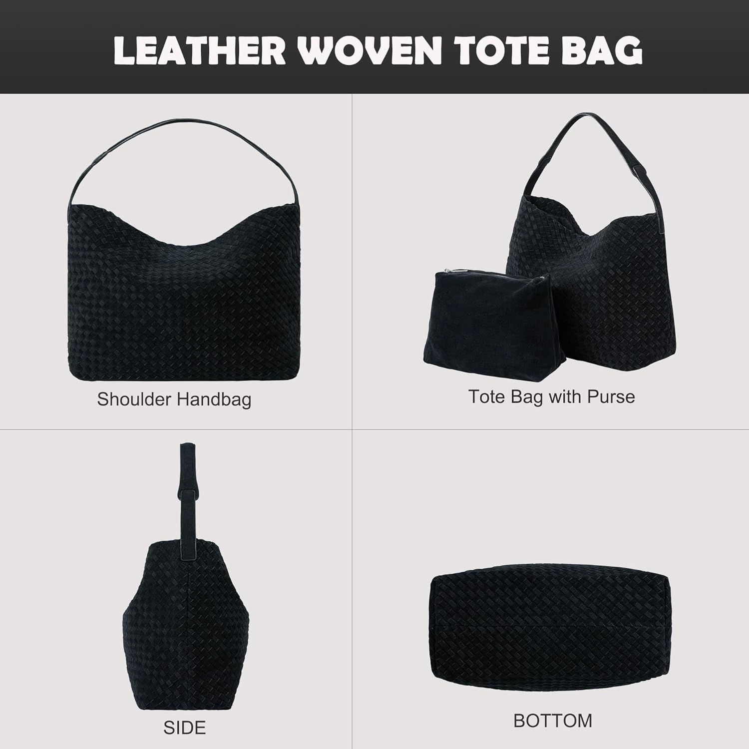 Leather Woven Tote Bag for Women, Vintage Suede Woven Hobo Bag, Large Crossbody Shoulder Slouchy Handbag