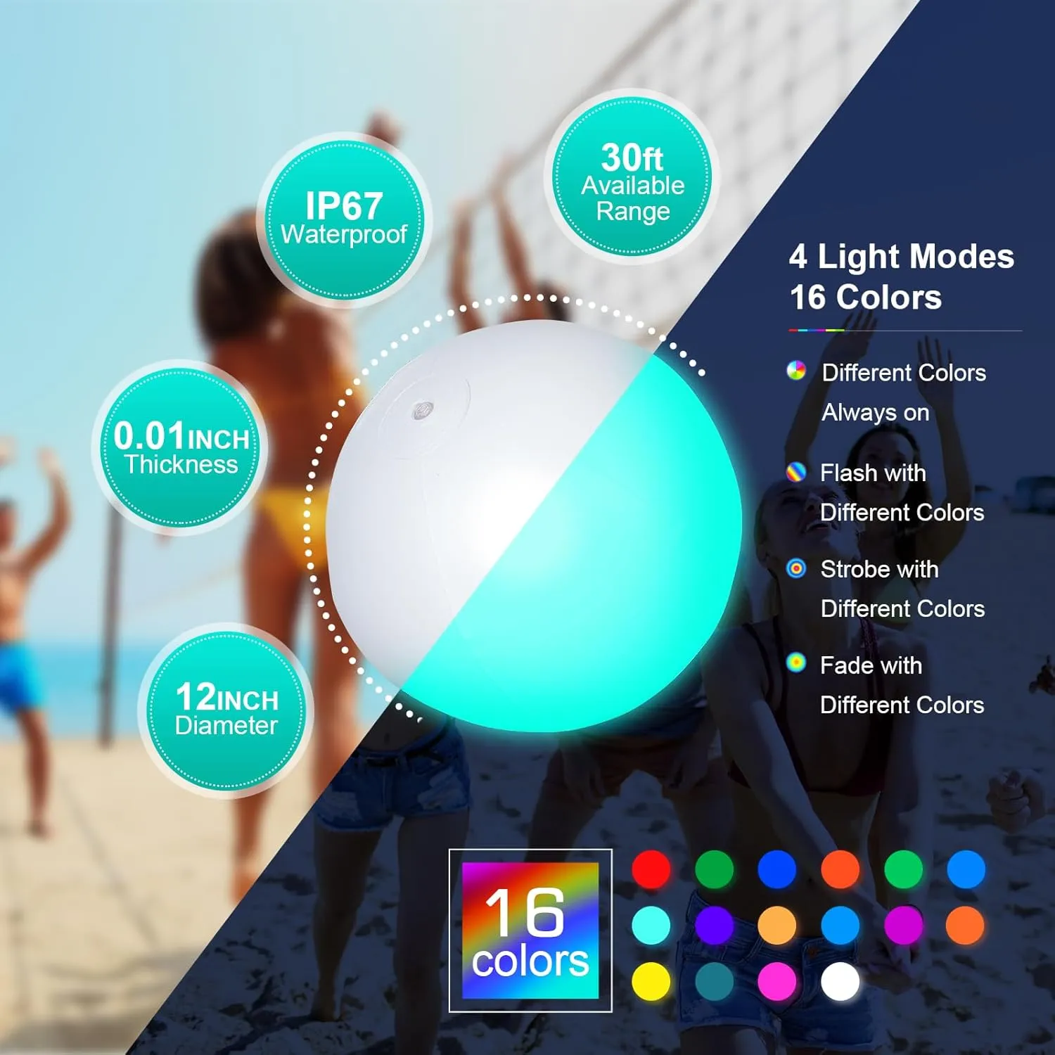 LED Beach Ball, Glow in Dark Party Supplies, 4 Pack Inflatable Light up Ballon 12'' Floating Pool Light with Remote 16 Color 4 Mode