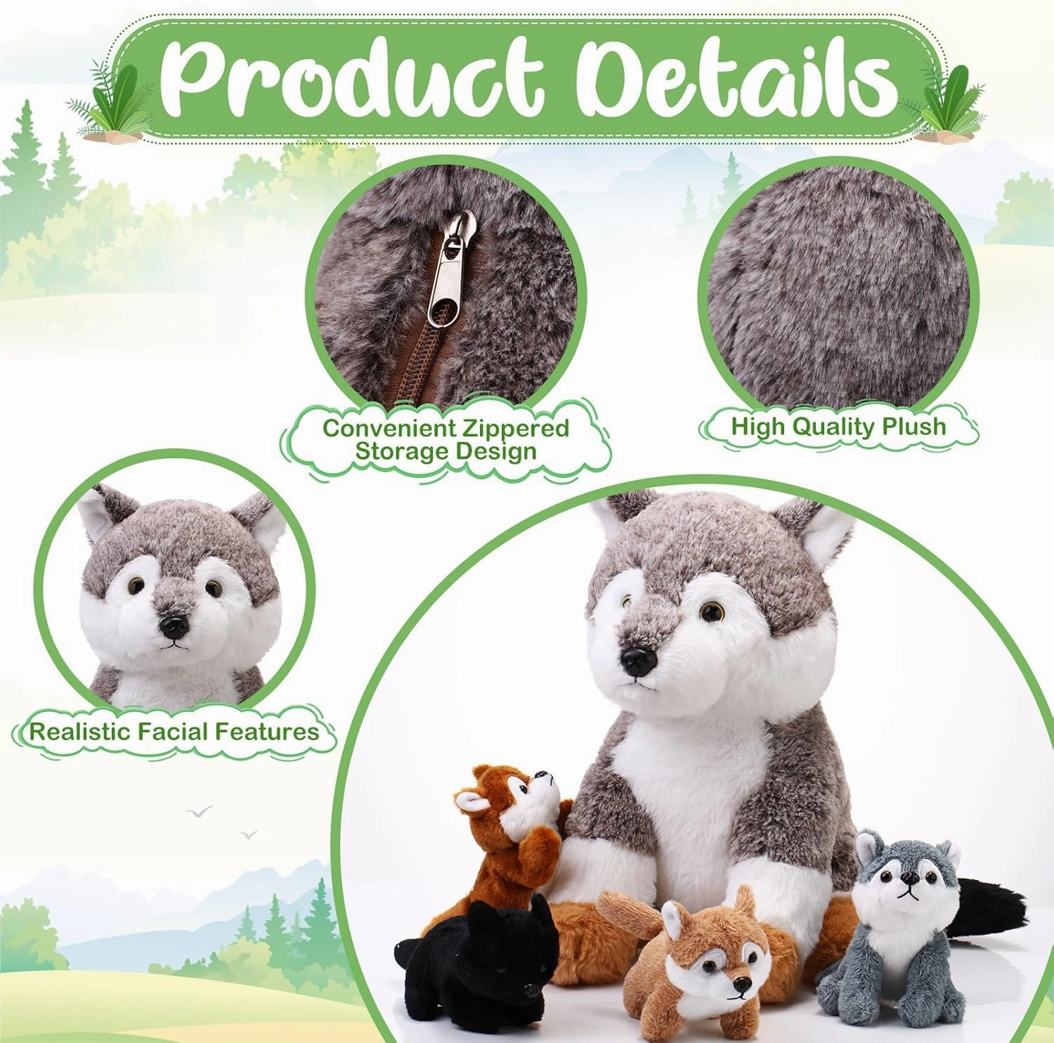 Lenwen 5 Pcs Wolf Stuffed Animal 1 Mommy Plush with 4 Cute Babies Dire Wolf Plushies Husky Plush Toys Wild Stuffed Animal for Boys Girls Zoo Birthday Gifts