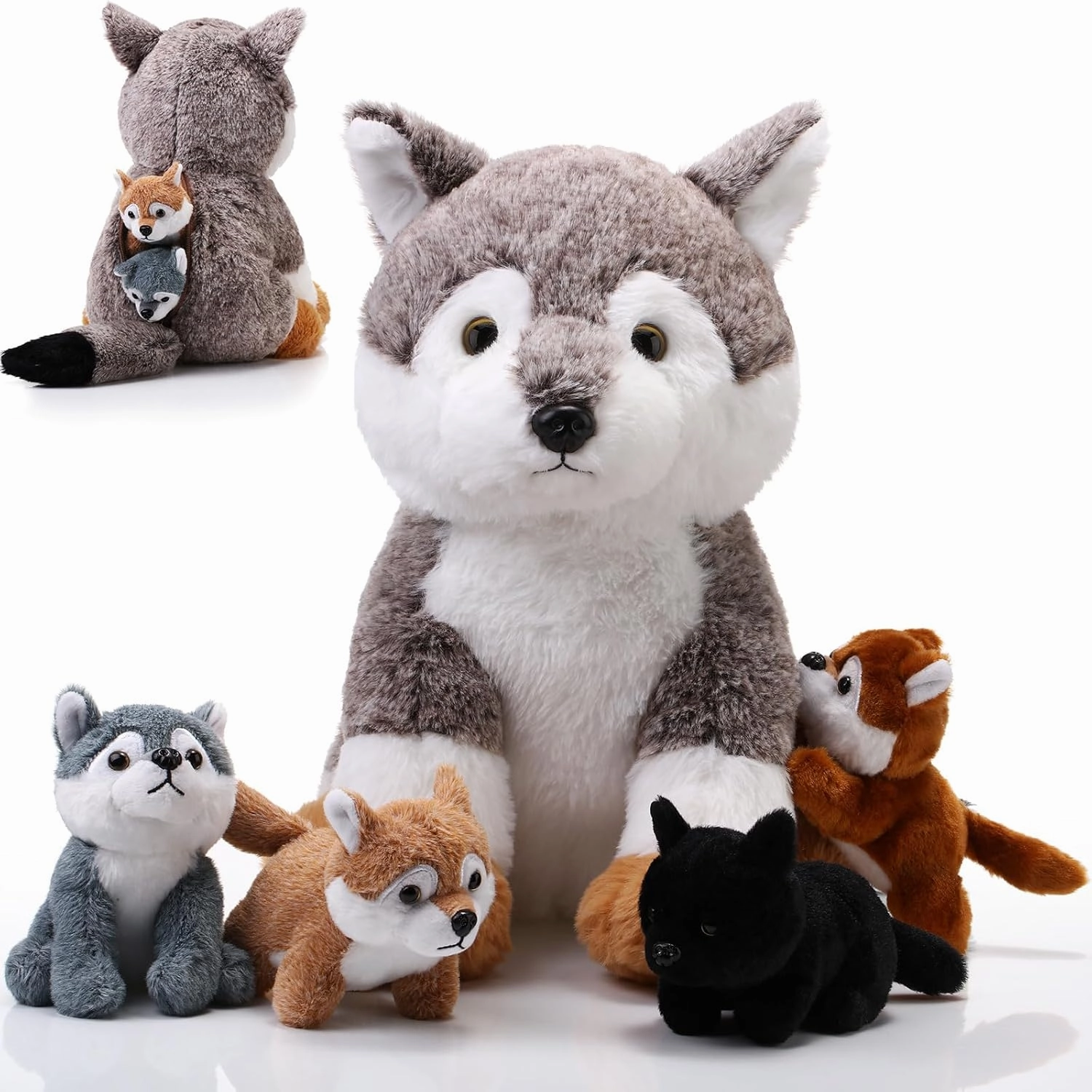Lenwen 5 Pcs Wolf Stuffed Animal 1 Mommy Plush with 4 Cute Babies Dire Wolf Plushies Husky Plush Toys Wild Stuffed Animal for Boys Girls Zoo Birthday Gifts