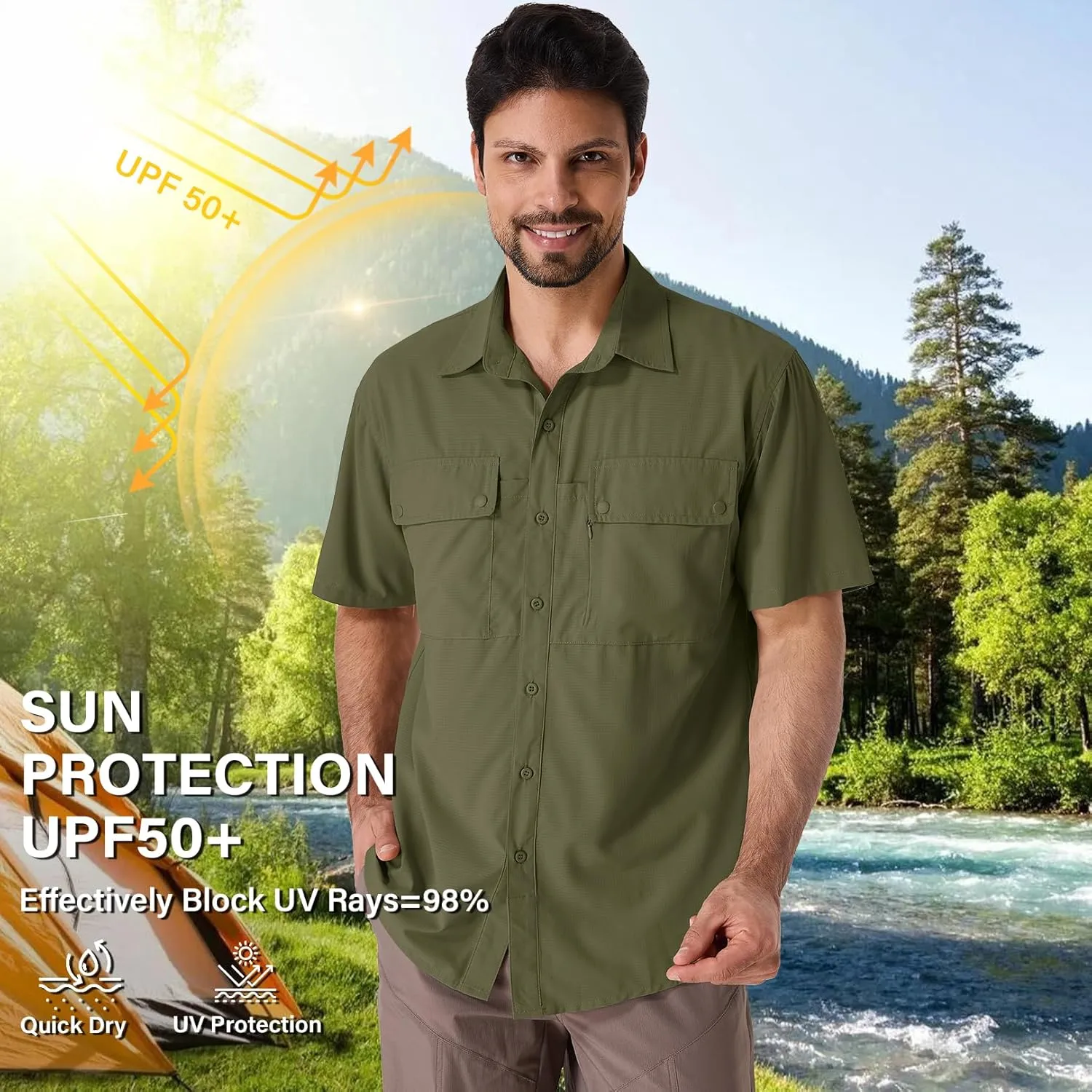 linlon Safari Shirt Men Short Sleeve UPF 50 UV Sun Protection Quick Dry Hiking Fishing Shirts