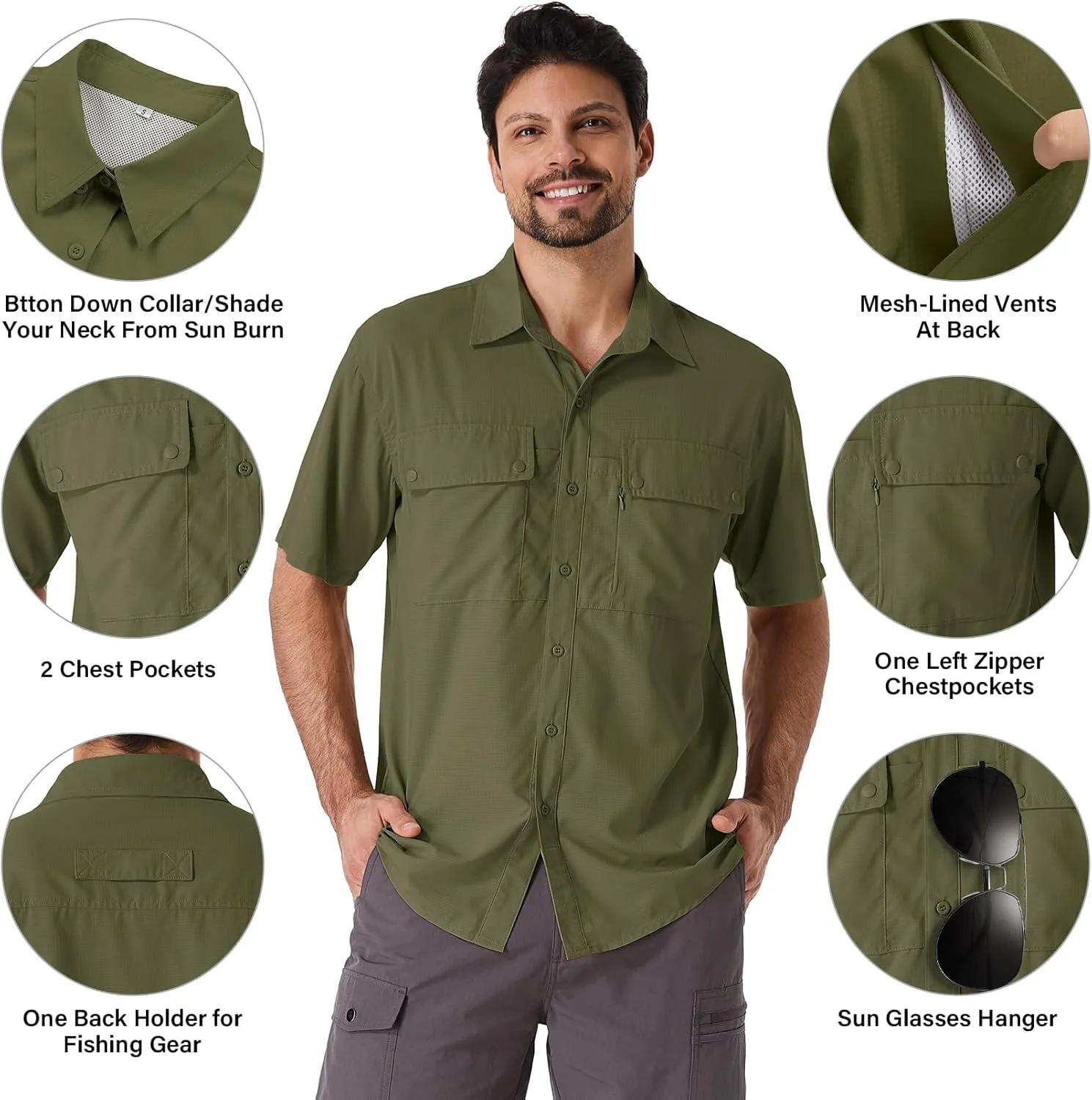 linlon Safari Shirt Men Short Sleeve UPF 50 UV Sun Protection Quick Dry Hiking Fishing Shirts