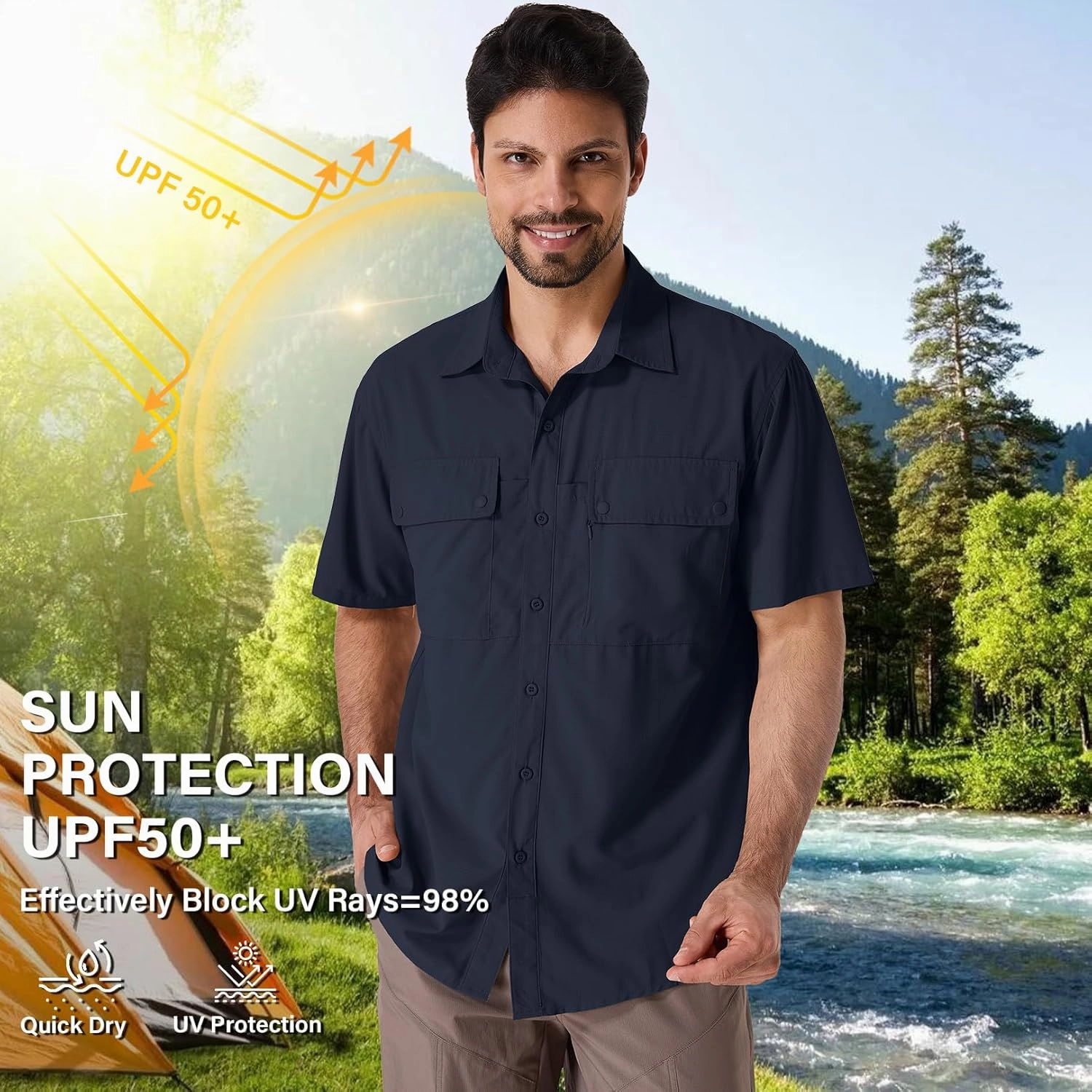 linlon Safari Shirt Men Short Sleeve UPF 50 UV Sun Protection Quick Dry Hiking Fishing Shirts