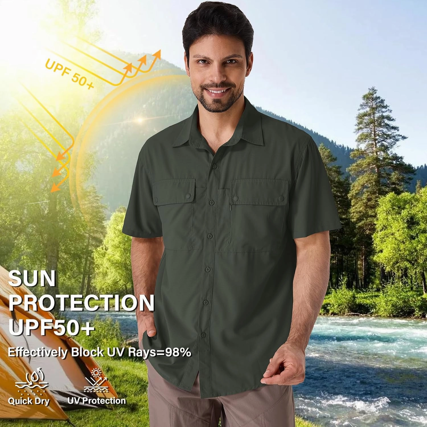 linlon Safari Shirt Men Short Sleeve UPF 50 UV Sun Protection Quick Dry Hiking Fishing Shirts