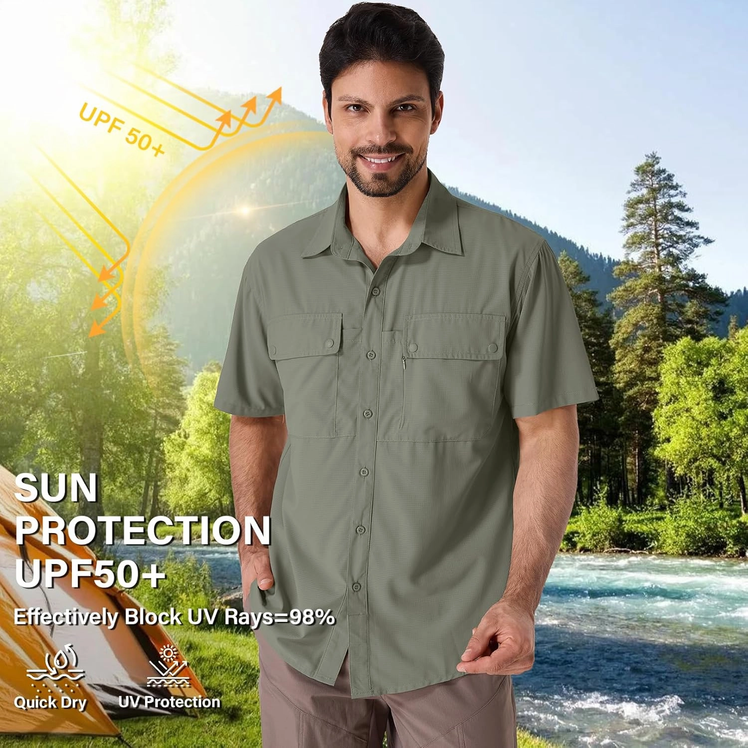 linlon Safari Shirt Men Short Sleeve UPF 50 UV Sun Protection Quick Dry Hiking Fishing Shirts