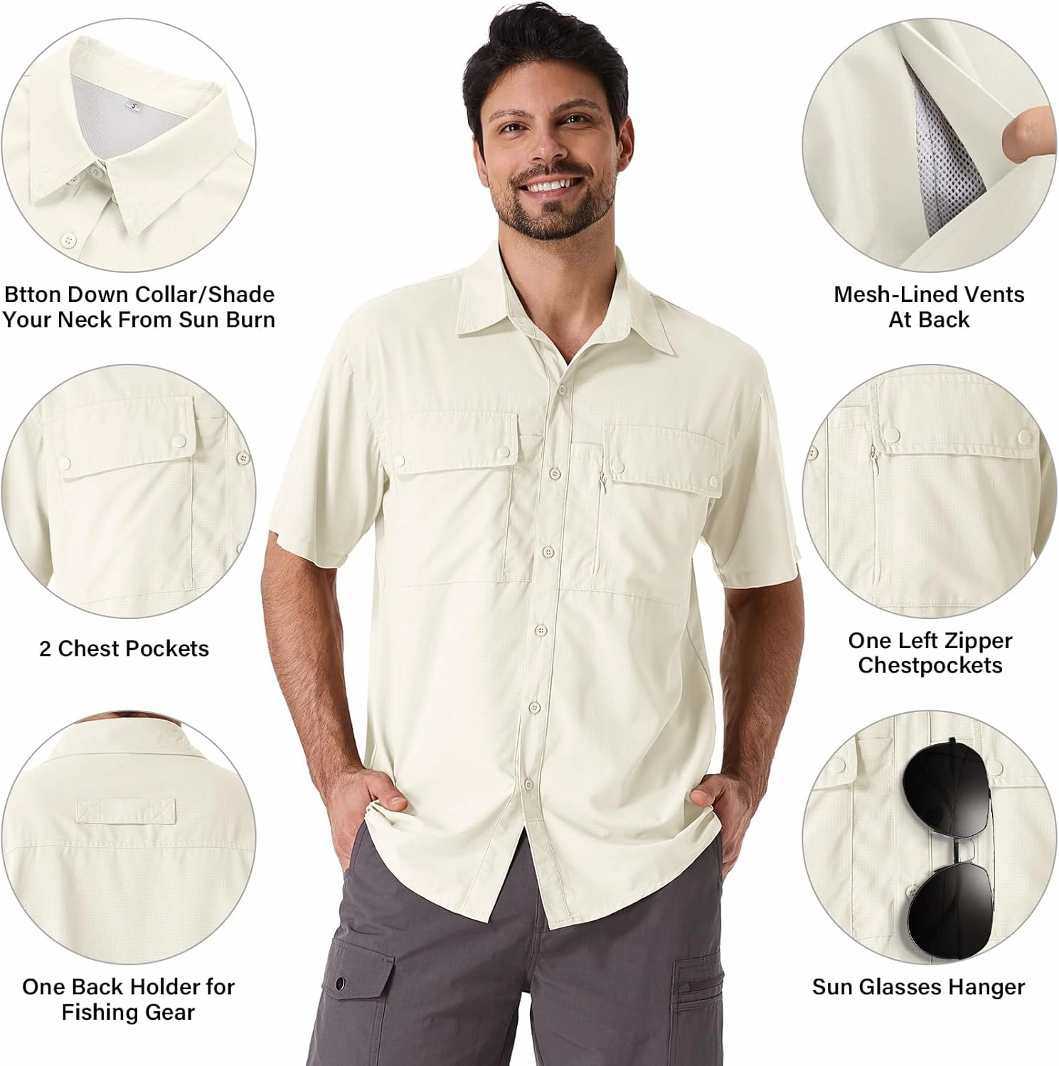 linlon Safari Shirt Men Short Sleeve UPF 50 UV Sun Protection Quick Dry Hiking Fishing Shirts