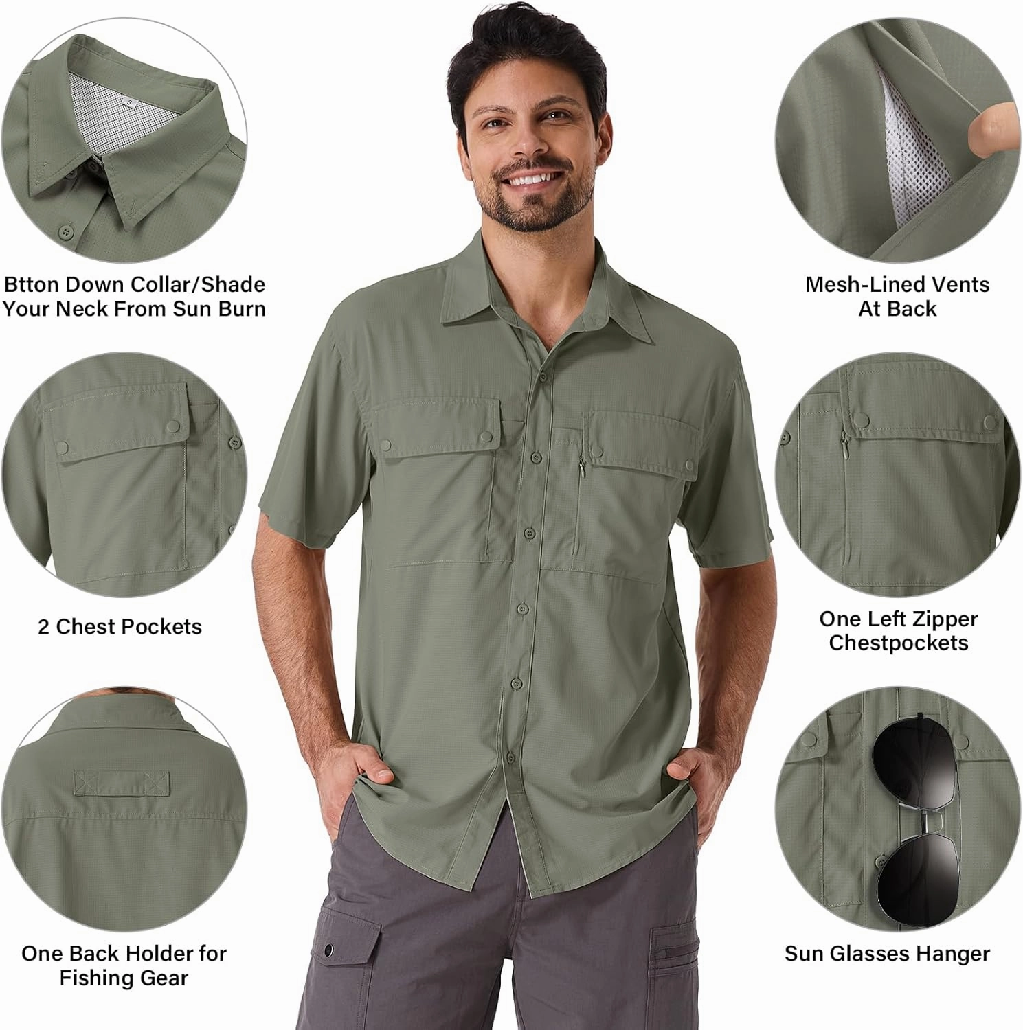 linlon Safari Shirt Men Short Sleeve UPF 50 UV Sun Protection Quick Dry Hiking Fishing Shirts