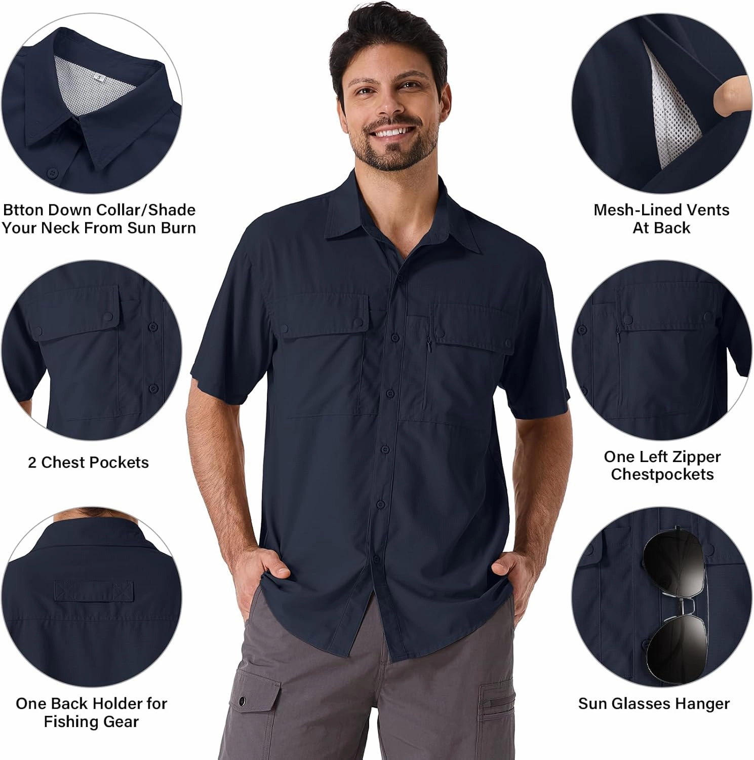 linlon Safari Shirt Men Short Sleeve UPF 50 UV Sun Protection Quick Dry Hiking Fishing Shirts