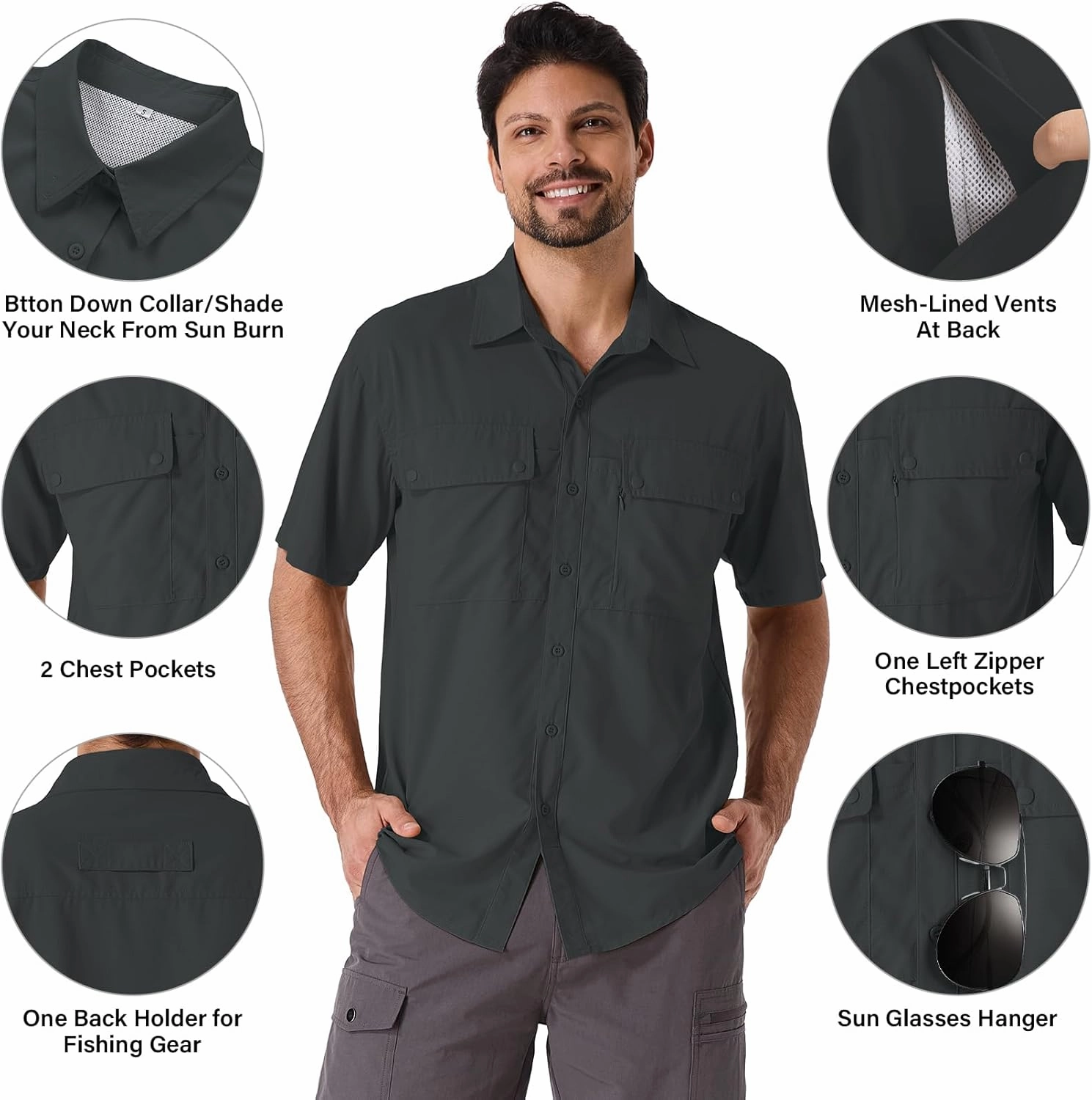 linlon Safari Shirt Men Short Sleeve UPF 50 UV Sun Protection Quick Dry Hiking Fishing Shirts