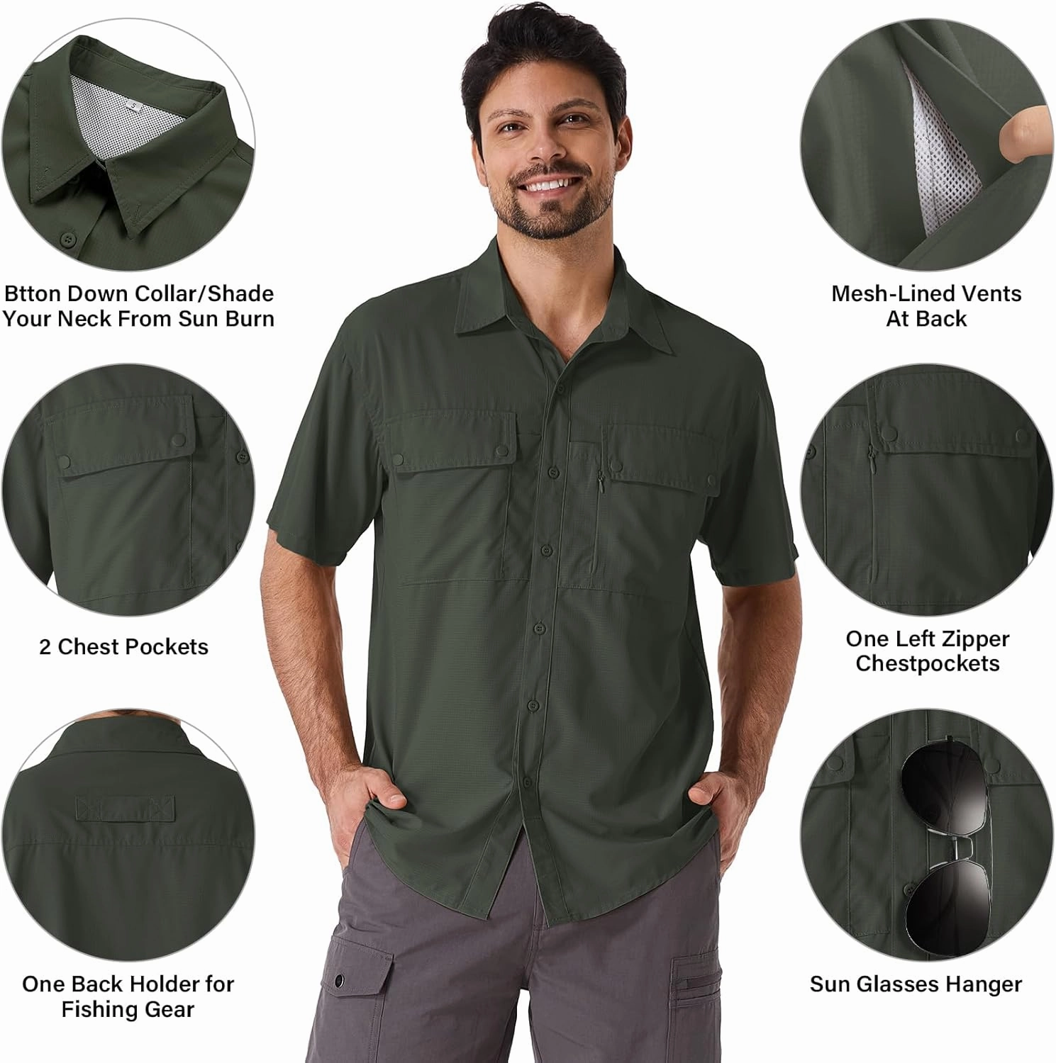 linlon Safari Shirt Men Short Sleeve UPF 50 UV Sun Protection Quick Dry Hiking Fishing Shirts
