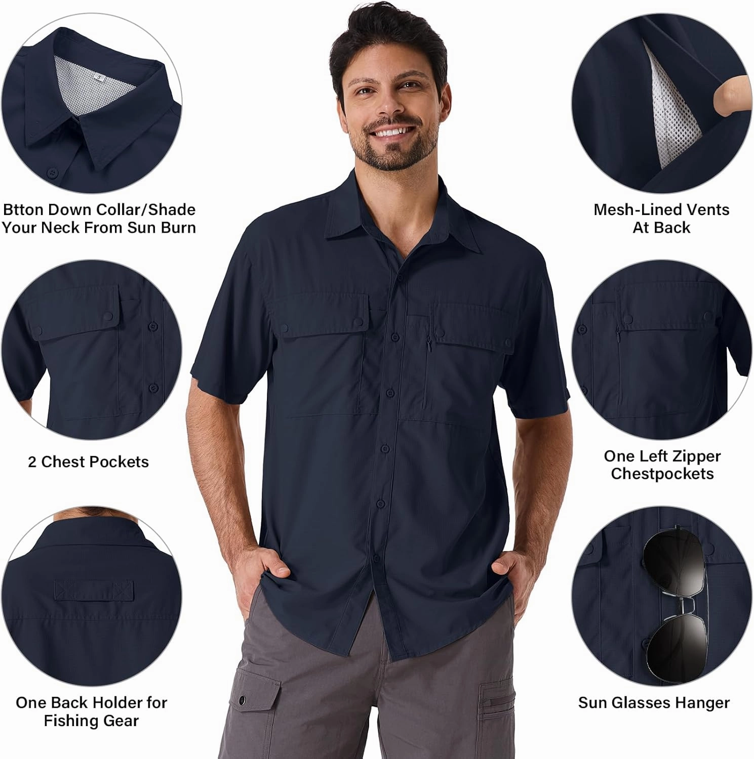 linlon Safari Shirt Men Short Sleeve UPF 50 UV Sun Protection Quick Dry Hiking Fishing Shirts
