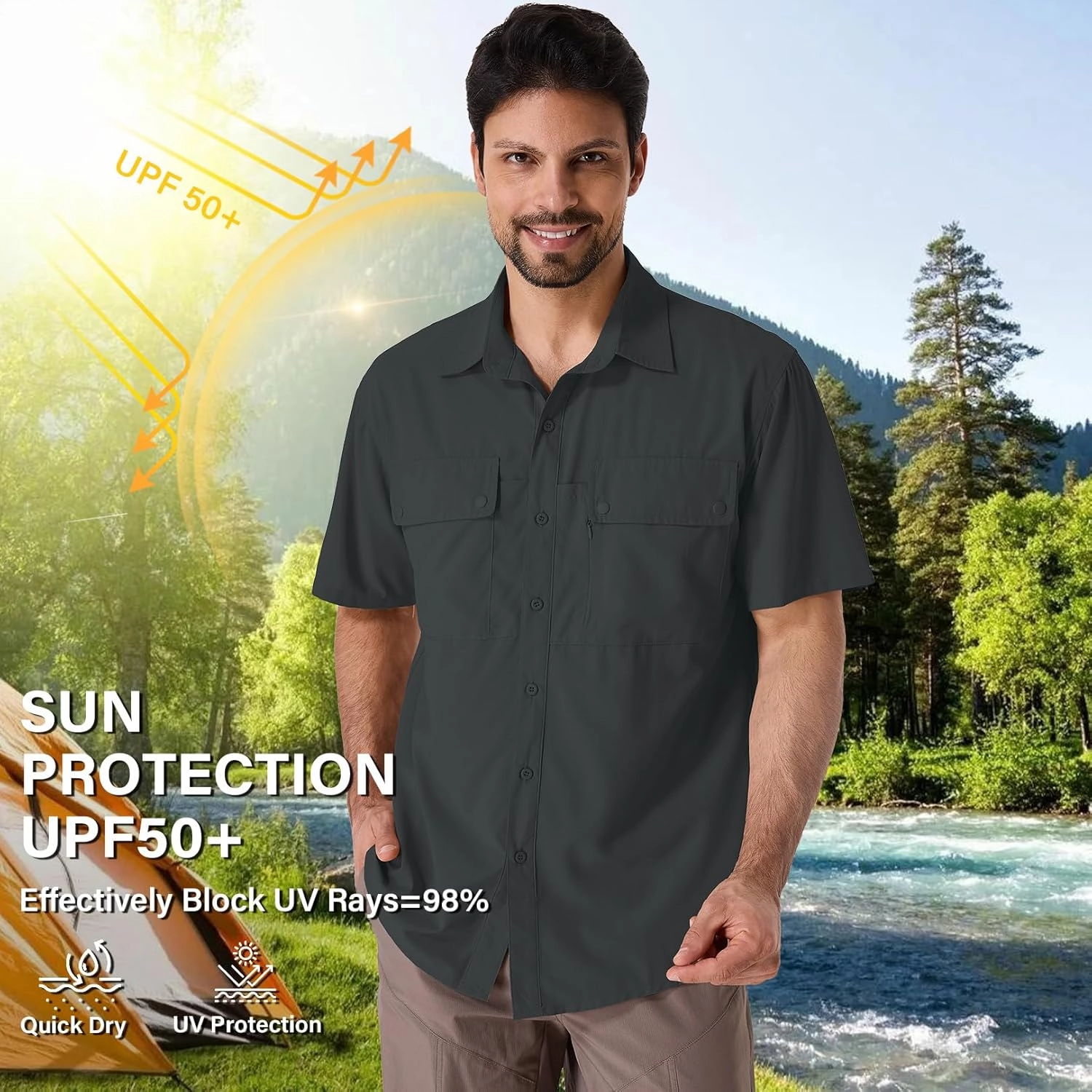 linlon Safari Shirt Men Short Sleeve UPF 50 UV Sun Protection Quick Dry Hiking Fishing Shirts