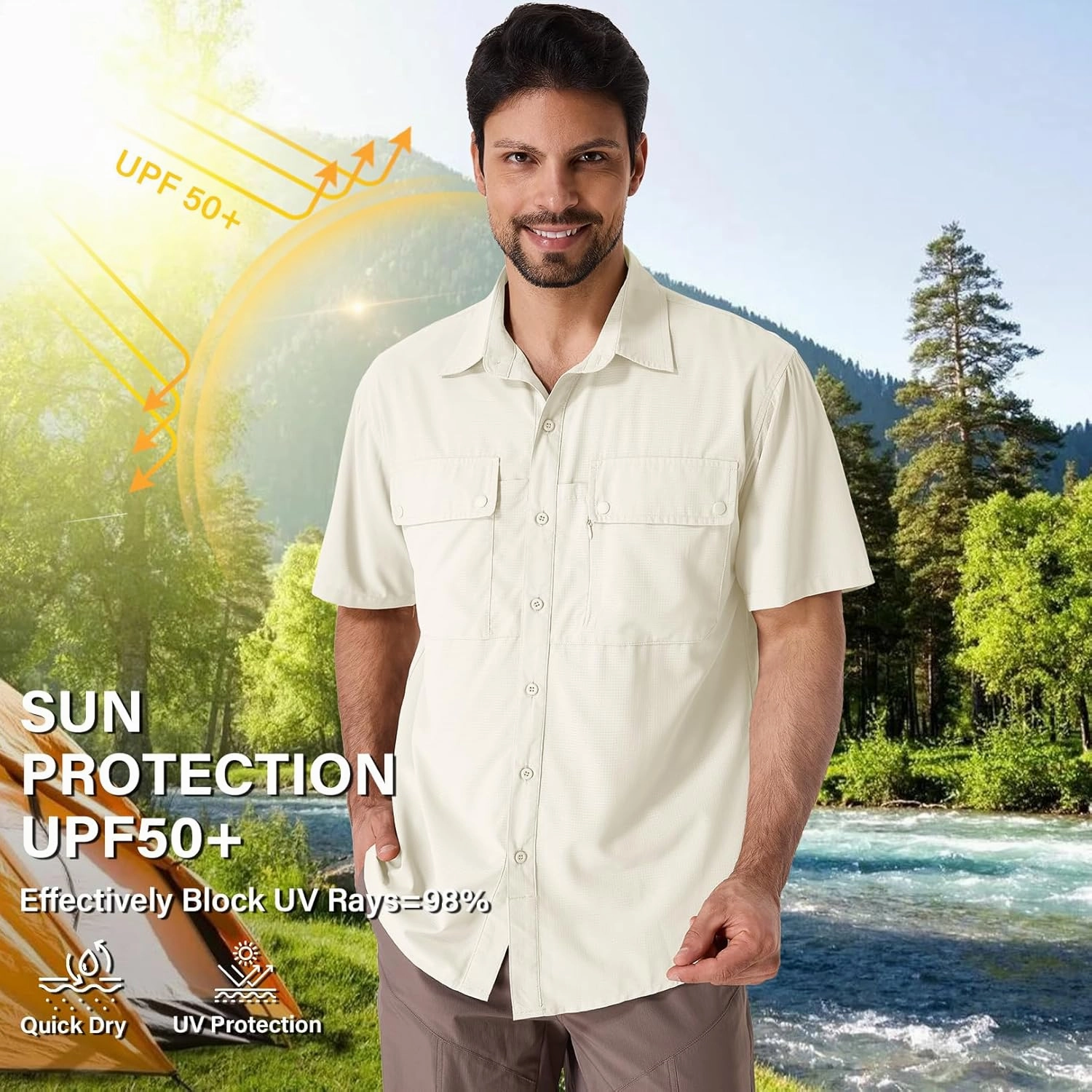 linlon Safari Shirt Men Short Sleeve UPF 50 UV Sun Protection Quick Dry Hiking Fishing Shirts
