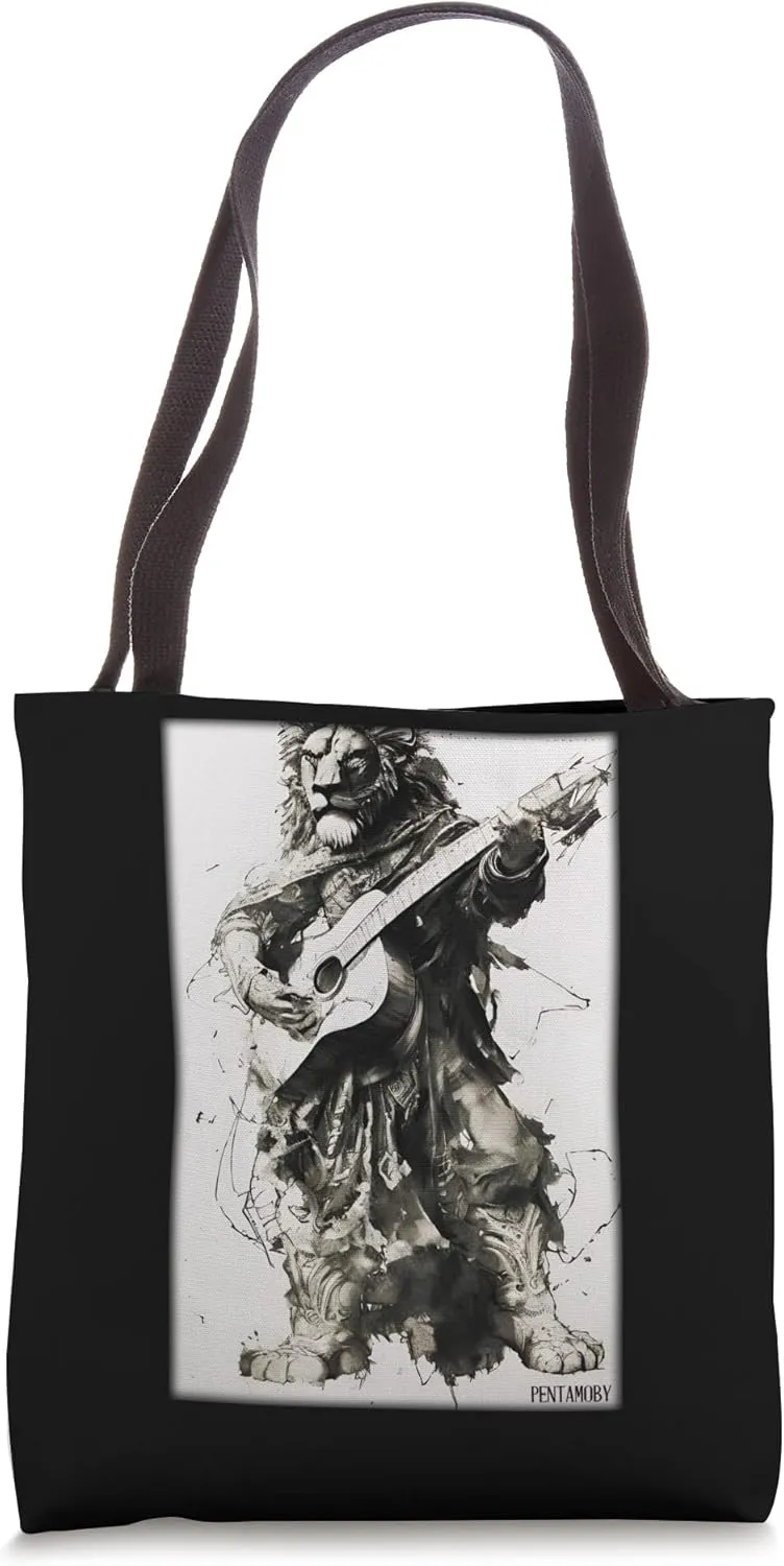 Lion Guitar Wild Animal Musician Predatory Cat Zoo Nature Africa Tote Bag