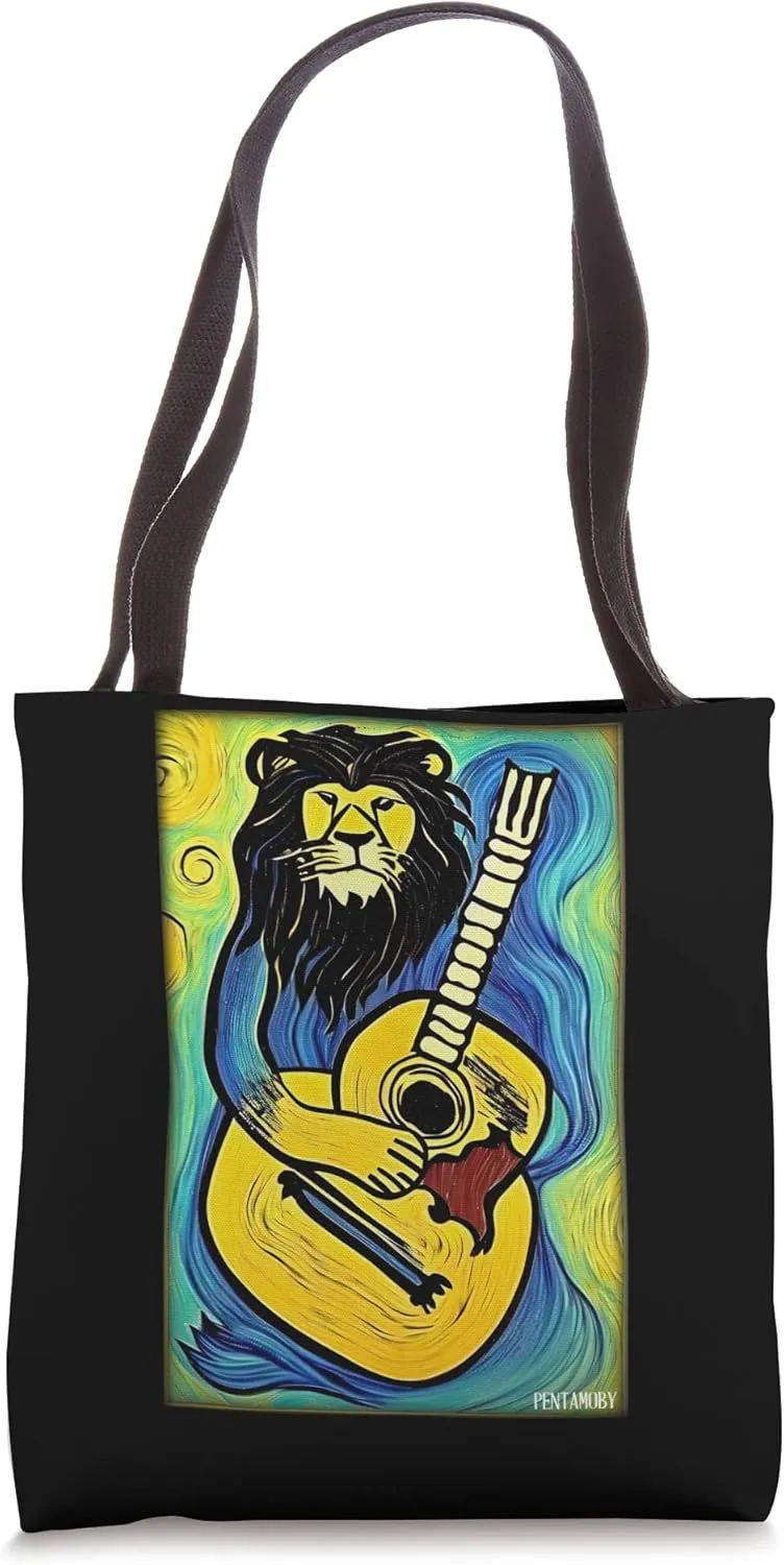 Lion Guitar Wild Animal Musician Predatory Cat Zoo Nature Africa Tote Bag