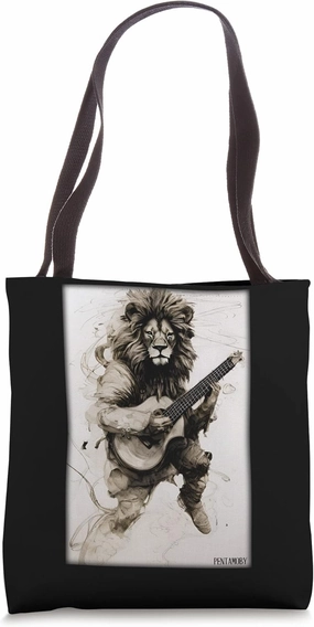 Lion Guitar Wild Animal Musician Predatory Cat Zoo Nature Africa Tote Bag