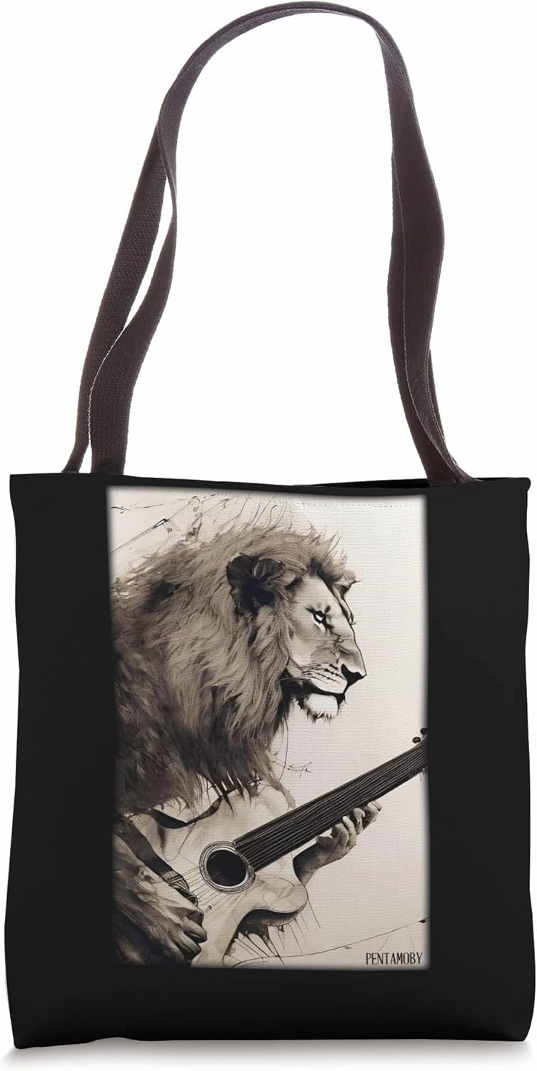 Lion Guitar Wild Animal Musician Predatory Cat Zoo Nature Africa Tote Bag