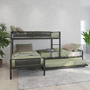 Livavege L-Shape Triple Bunk Bed with Trundle for 4 Kids/Teens/Adults, Metal Bunk Bed Twin Over Twin with Textilene Guardrail, Wood Slats, Low Bunkbed Frame for Dorm, Bedroom, Guest Room