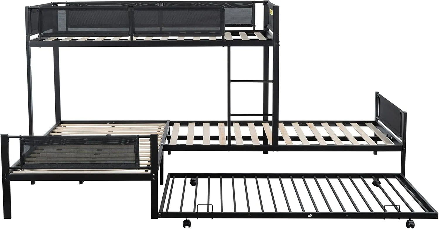 Livavege L-Shape Triple Bunk Bed with Trundle for 4 Kids/Teens/Adults, Metal Bunk Bed Twin Over Twin with Textilene Guardrail, Wood Slats, Low Bunkbed Frame for Dorm, Bedroom, Guest Room