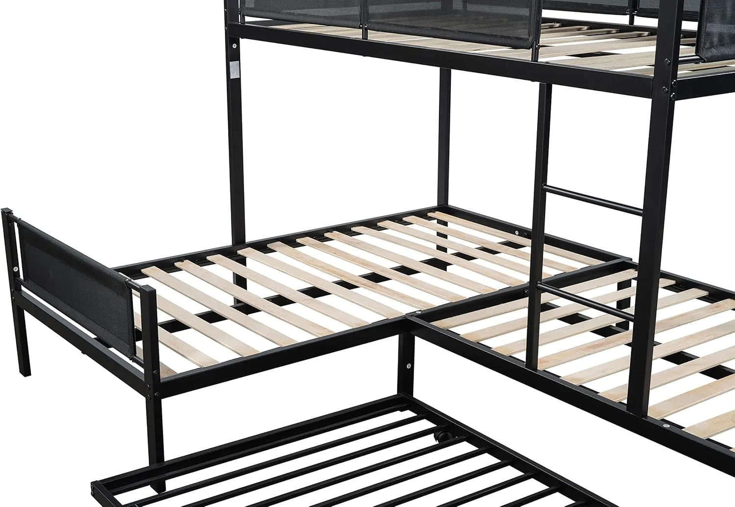 Livavege L-Shape Triple Bunk Bed with Trundle for 4 Kids/Teens/Adults, Metal Bunk Bed Twin Over Twin with Textilene Guardrail, Wood Slats, Low Bunkbed Frame for Dorm, Bedroom, Guest Room