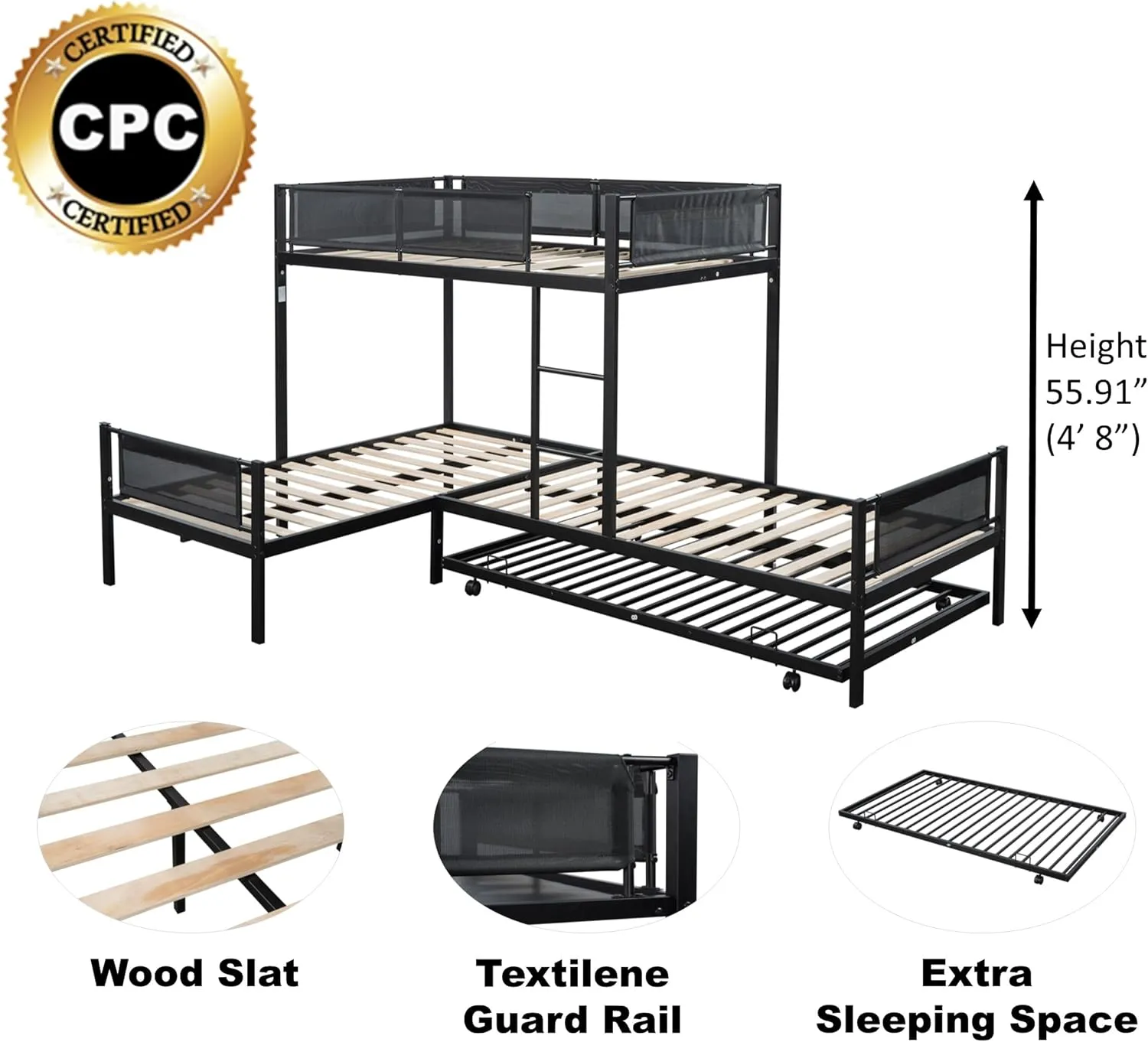 Livavege L-Shape Triple Bunk Bed with Trundle for 4 Kids/Teens/Adults, Metal Bunk Bed Twin Over Twin with Textilene Guardrail, Wood Slats, Low Bunkbed Frame for Dorm, Bedroom, Guest Room