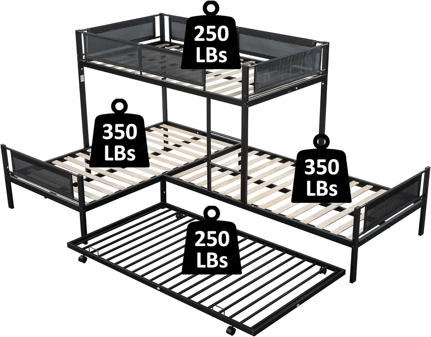 Livavege L-Shape Triple Bunk Bed with Trundle for 4 Kids/Teens/Adults, Metal Bunk Bed Twin Over Twin with Textilene Guardrail, Wood Slats, Low Bunkbed Frame for Dorm, Bedroom, Guest Room