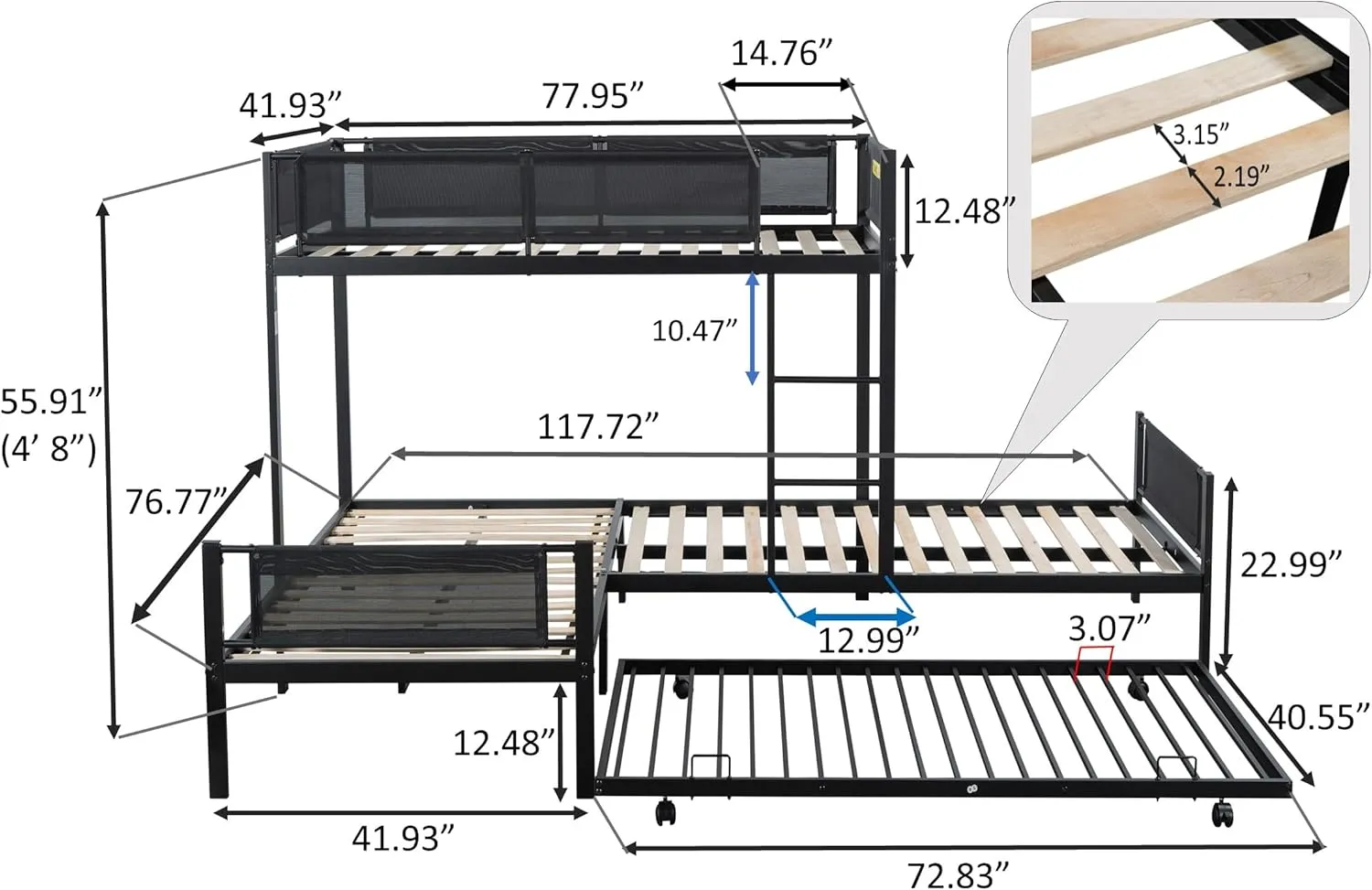 Livavege L-Shape Triple Bunk Bed with Trundle for 4 Kids/Teens/Adults, Metal Bunk Bed Twin Over Twin with Textilene Guardrail, Wood Slats, Low Bunkbed Frame for Dorm, Bedroom, Guest Room