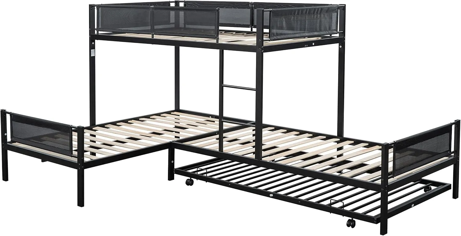 Livavege L-Shape Triple Bunk Bed with Trundle for 4 Kids/Teens/Adults, Metal Bunk Bed Twin Over Twin with Textilene Guardrail, Wood Slats, Low Bunkbed Frame for Dorm, Bedroom, Guest Room