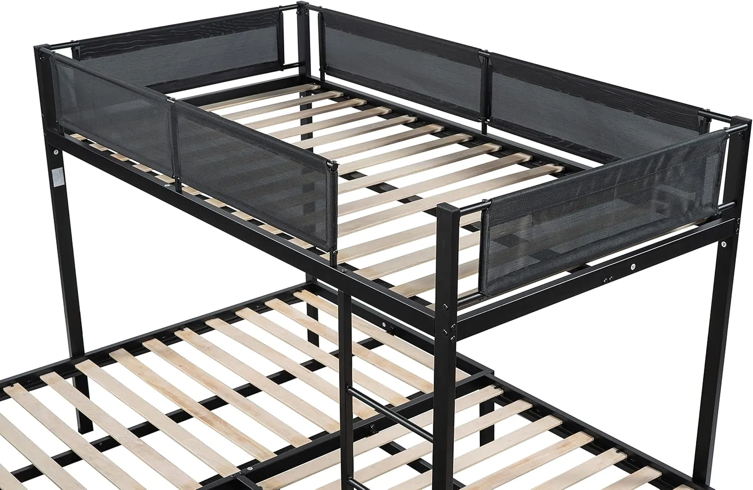 Livavege L-Shape Triple Bunk Bed with Trundle for 4 Kids/Teens/Adults, Metal Bunk Bed Twin Over Twin with Textilene Guardrail, Wood Slats, Low Bunkbed Frame for Dorm, Bedroom, Guest Room