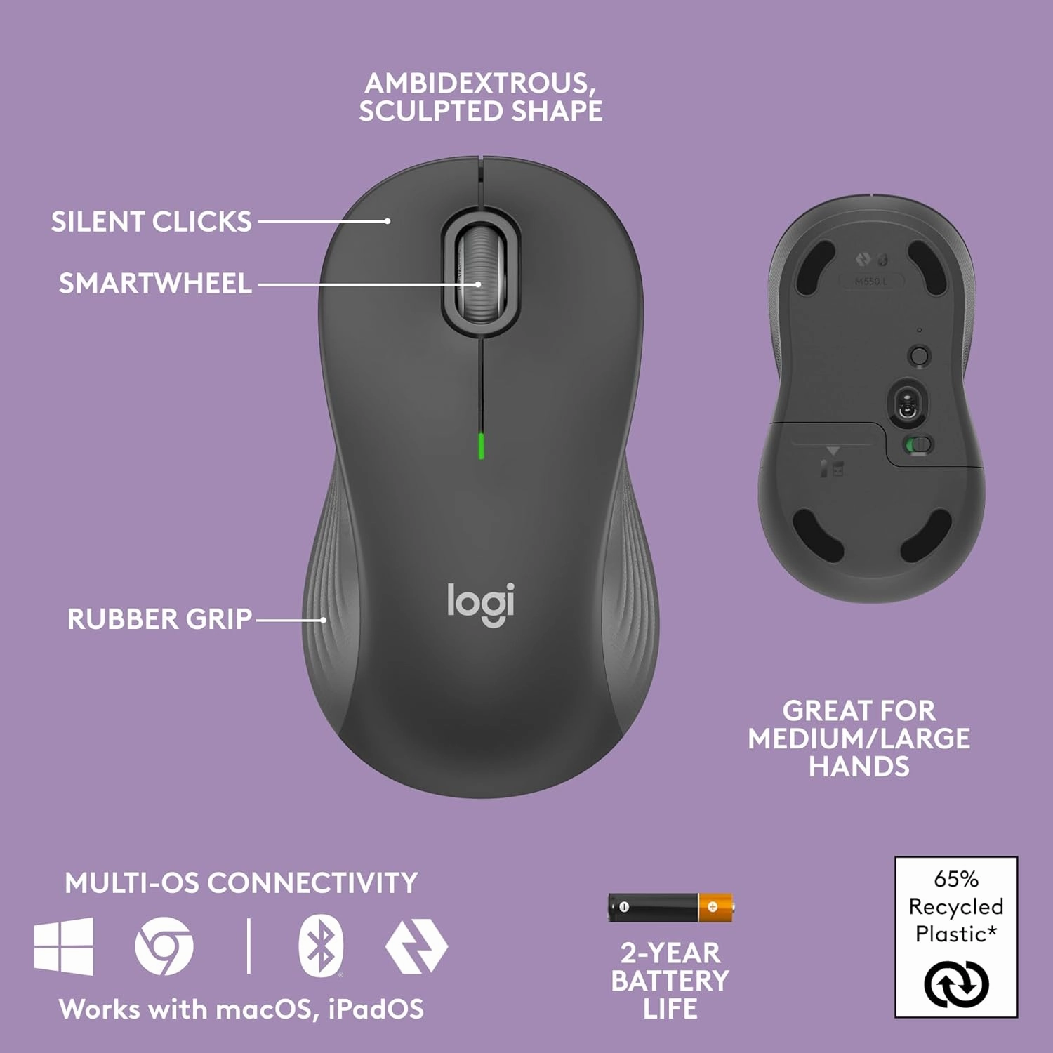 Logitech Wave Keys MK670 Combo, Wireless Ergonomic Keyboard with Signature M550 L Wireless Mouse, Comfortable Natural Typing, Bluetooth, Logi Bolt, for Multi-OS, Windows/Mac - Graphite
