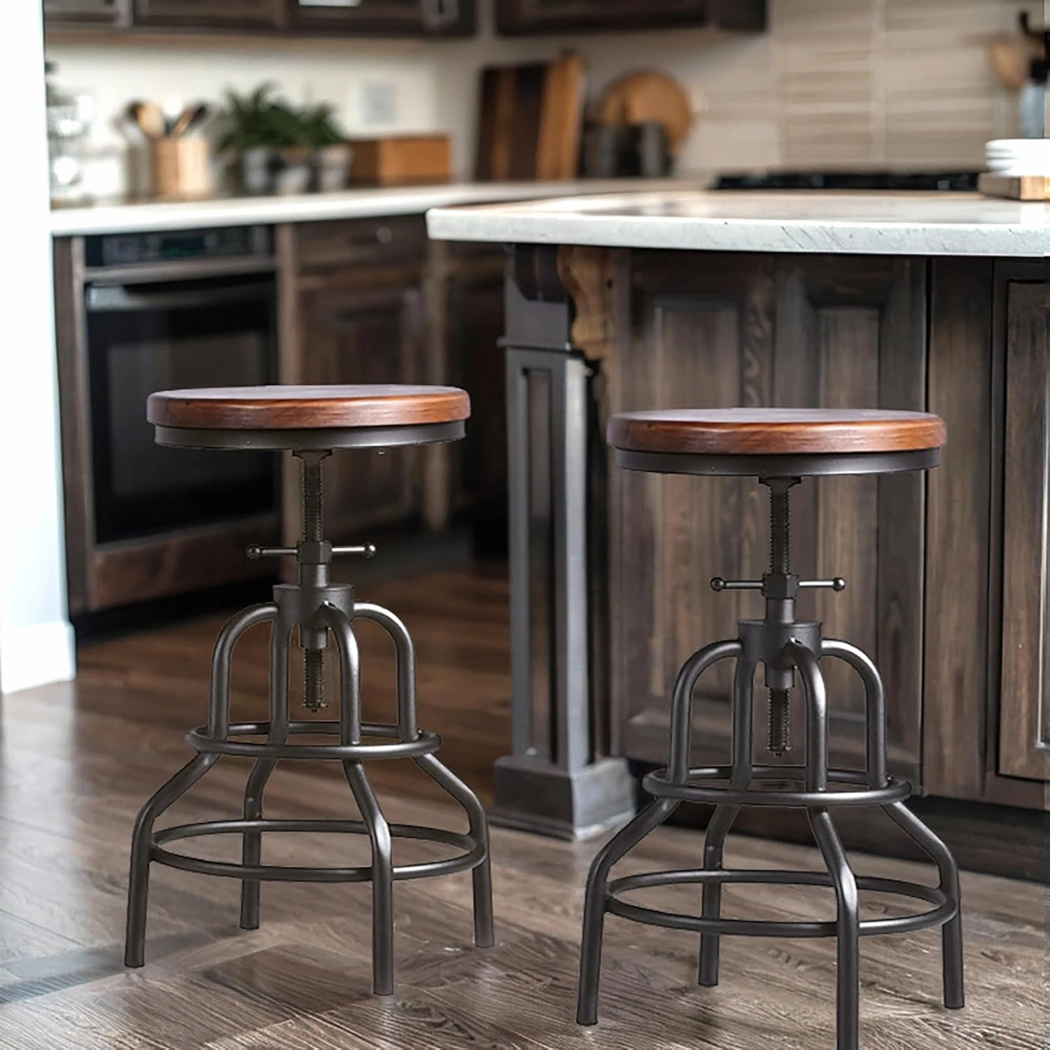 LOKKHAN Vintage Industrial Bar Stool-Rustic Swivel Barstools-Round Wood Metal Base-Kitchen Counter Height Adjustable Pipe Stool-Cast Steel Chairs 20-27 Inch (Set of 2)