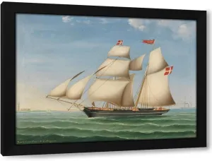 Lorenz Petersen 24x19 Black Modern Framed Art Print Titled: Schonerbrigg 'Johanne and Oluffa, Guided by Capt. N.L. Engers' Aus Altona (1856)