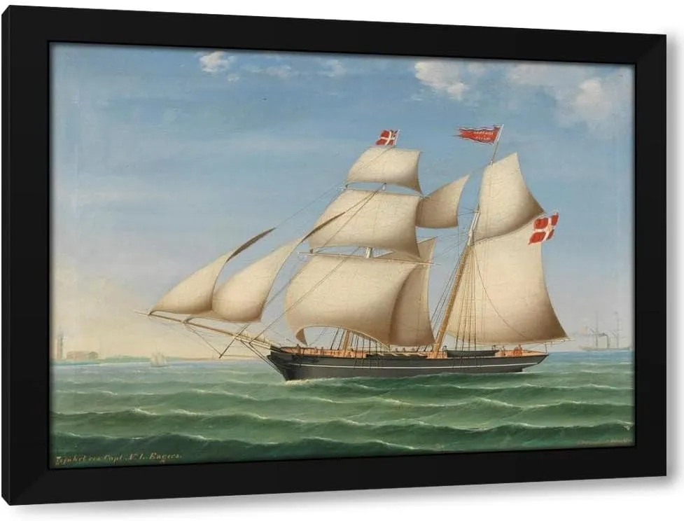Lorenz Petersen 24x19 Black Modern Framed Art Print Titled: Schonerbrigg 'Johanne and Oluffa, Guided by Capt. N.L. Engers' Aus Altona (1856)