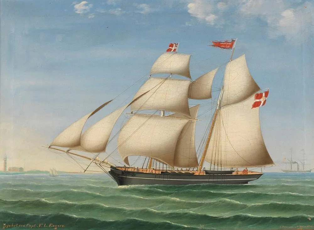 Lorenz Petersen 24x19 Black Modern Framed Art Print Titled: Schonerbrigg 'Johanne and Oluffa, Guided by Capt. N.L. Engers' Aus Altona (1856)