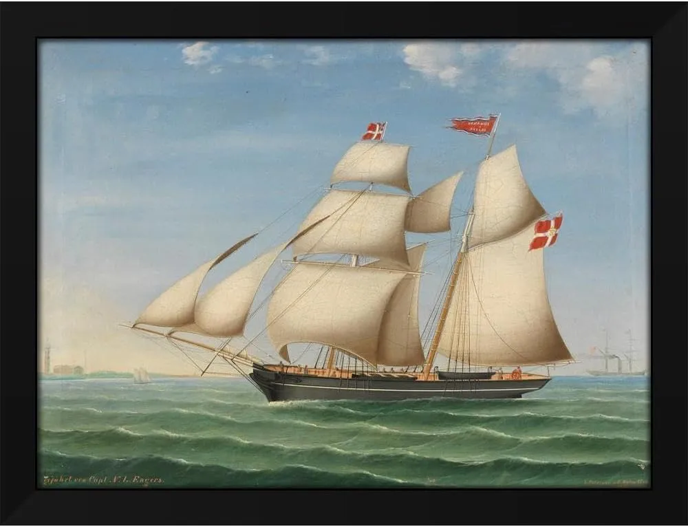 Lorenz Petersen 24x19 Black Modern Framed Art Print Titled: Schonerbrigg 'Johanne and Oluffa, Guided by Capt. N.L. Engers' Aus Altona (1856)